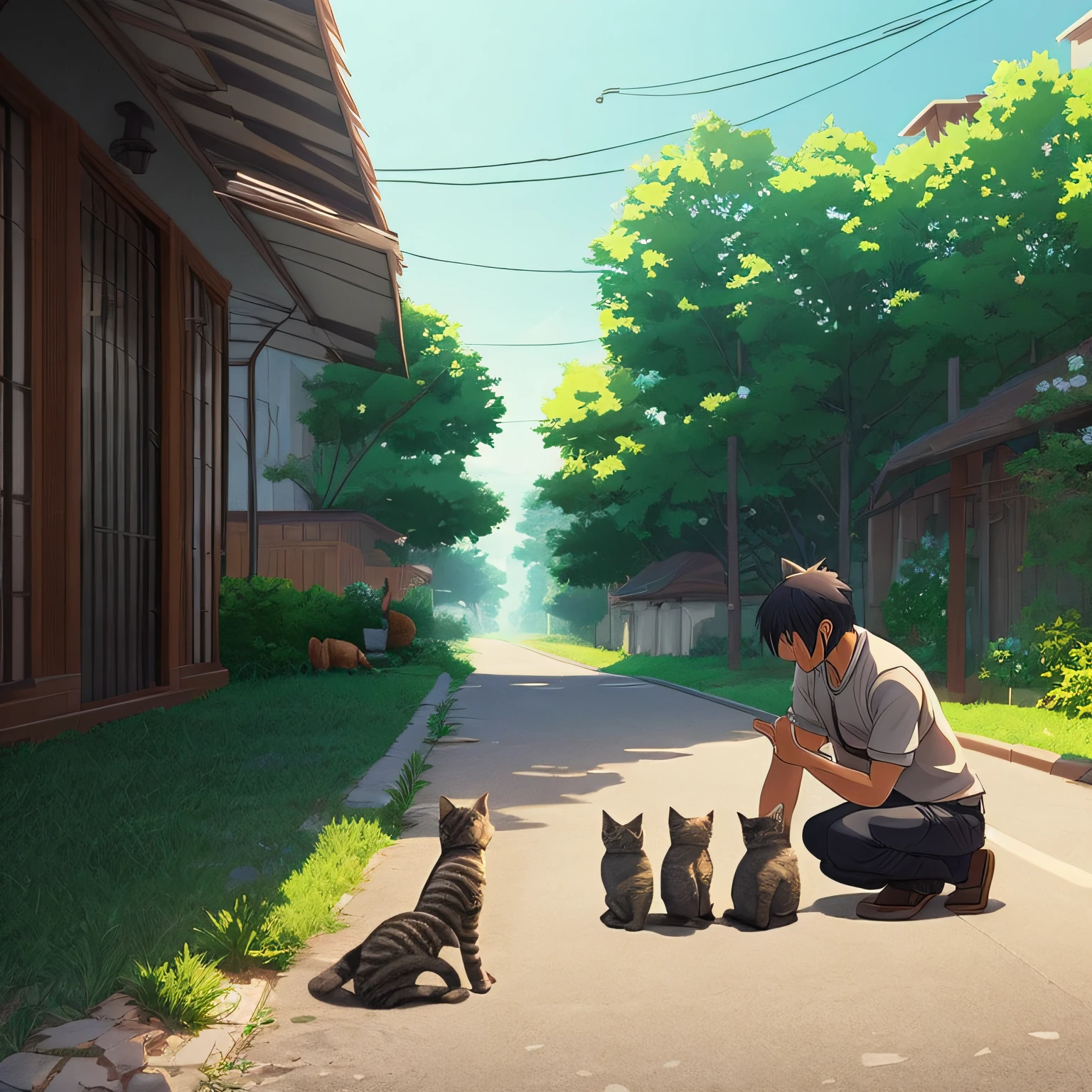 Anime scene where a man squats on the side of the road accompanied by three kittens Makoto Shinkai. a digital rendering
