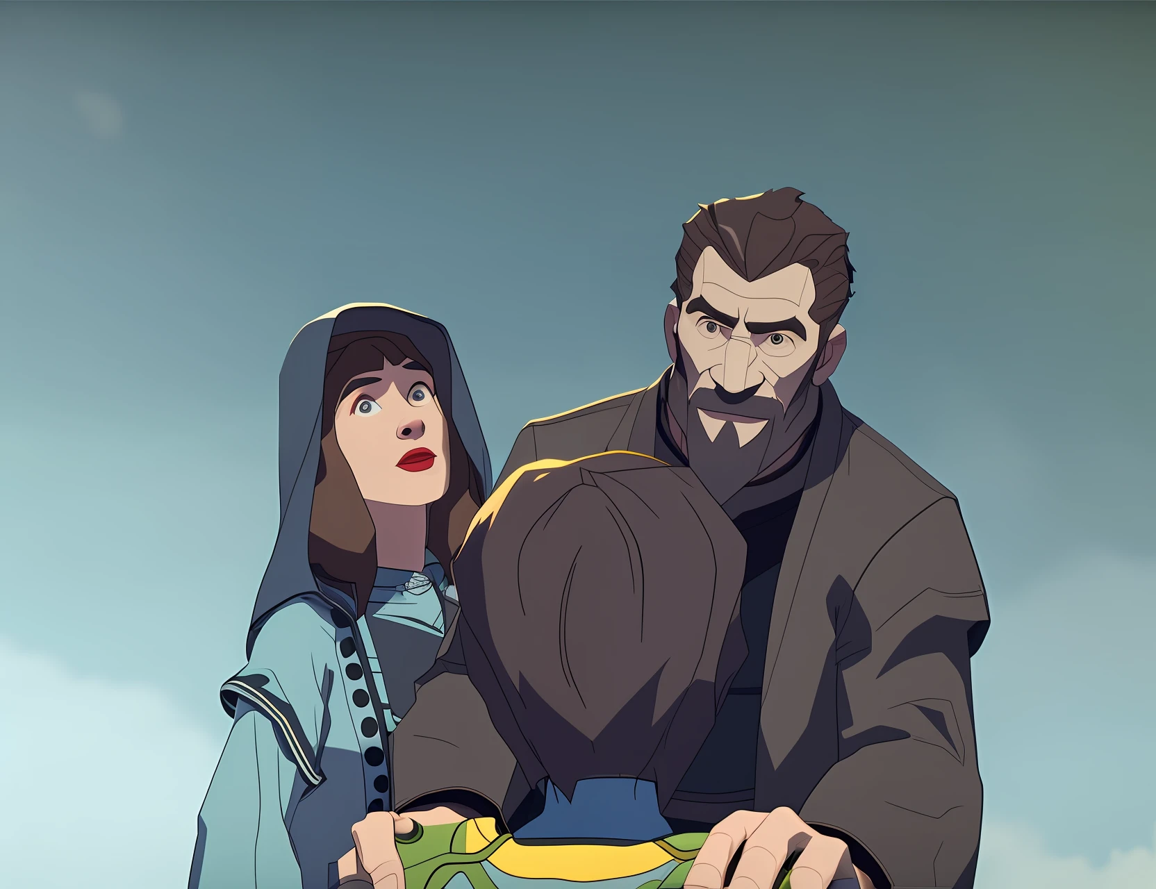 a cartoon of a man and a woman are standing in front of a man, rotoscopia, cutscene, animation still, cutscene de videogame, rotoscope, animation still screencap, cut-cena, Imagens de cutscene, Colorido digitalmente, Estilo 3D, Not Kyrill Kotashev style, captura de tela do jogo, Petros e Leonid, imagem ultrarealista