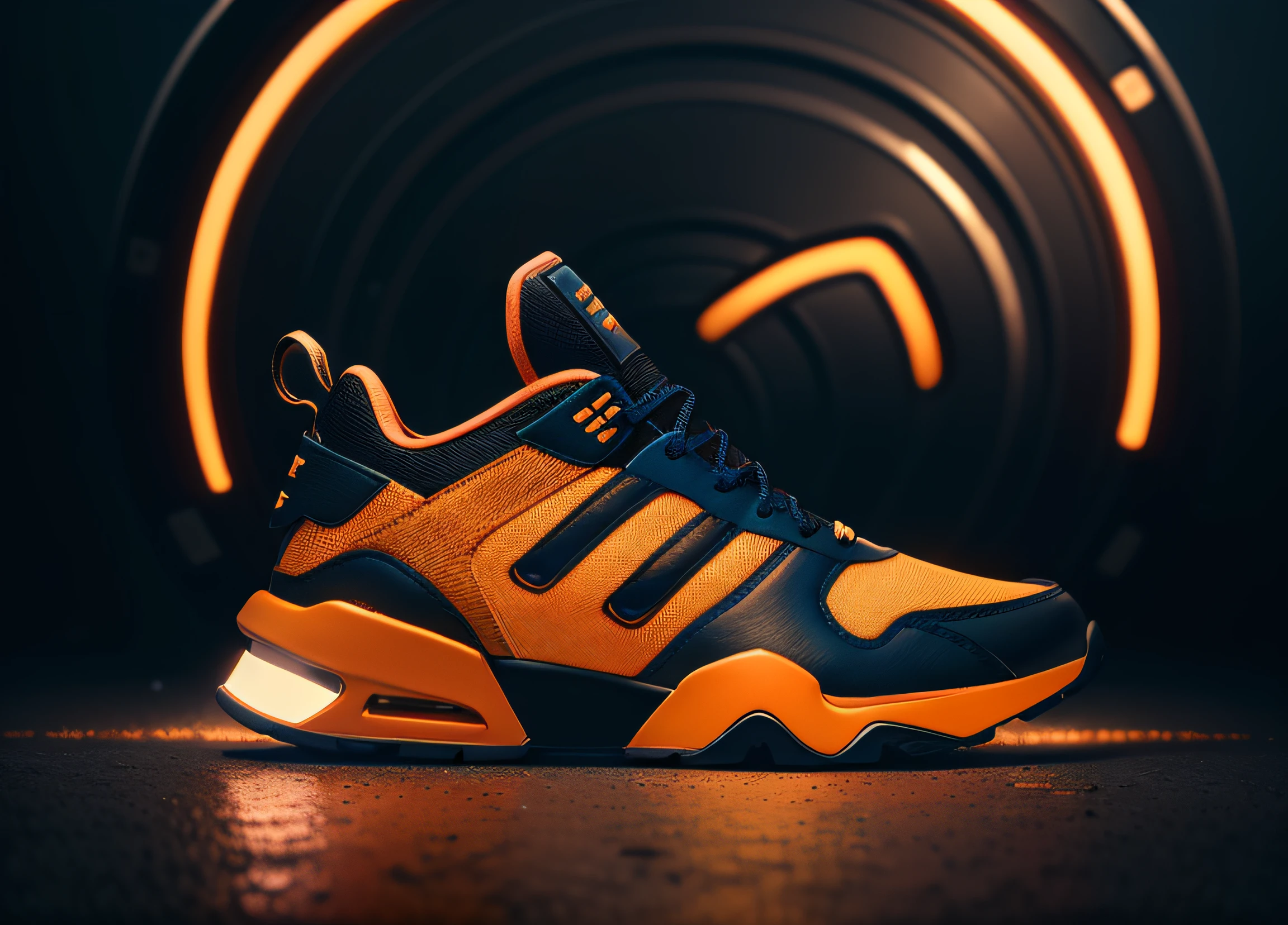 product photography of a cybepunk sneaker, epic rendering, octane, atmosphere, particles, soft volumetric lights, (backlit:1.3), (cinematic:1.3), intricate details of neon orange and black gold colors, detail,(side view),center of page