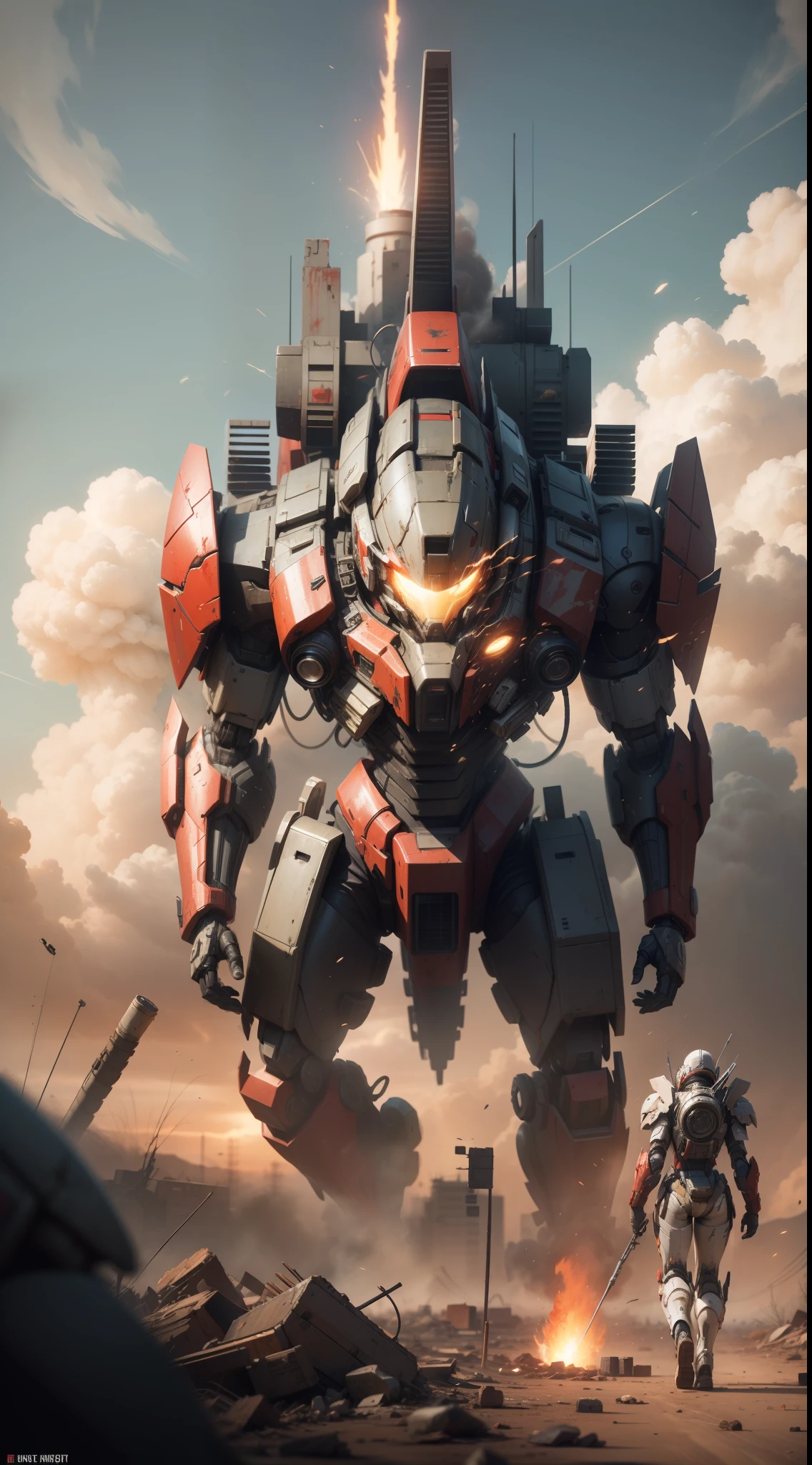Look up at the perspective,(Digital artwork:1.3),Octane rendering,Wasteland,Swirling thick clouds,smog,Flying machines in the sky fierce battle,weed,Dilapidated houses,macadam,Sunset,in crimson red,(((A girl in a combat uniform stood on top of the badly damaged and broken mech head))),((The girl's long messy hair fluttered,Blood,Close up of a)),(Stubborn),(Steadfast),(There is blood at the corner of the mouth),(Messy long hair flying),(The mech was spattered with blood),(Mars splashes),((Broken upper body mech,Dropped mech fragments)),(Exposed wires),((Mecha is depicted finely)),(((ultra fine))),Shoot at 8K resolution,Gasoline liquid,firelight,Missiles streaked across the sky,weeds,macadam,exploding,splash arts,((Dynamic speed lines:1.2)),Lithography in intricate details,dongh(Light particles:1.2),(game concept:1.3),(deep of field:1.3),Global illumination,well detailed,Trends on ArtStation,Epic shooting,Cinematic lighting