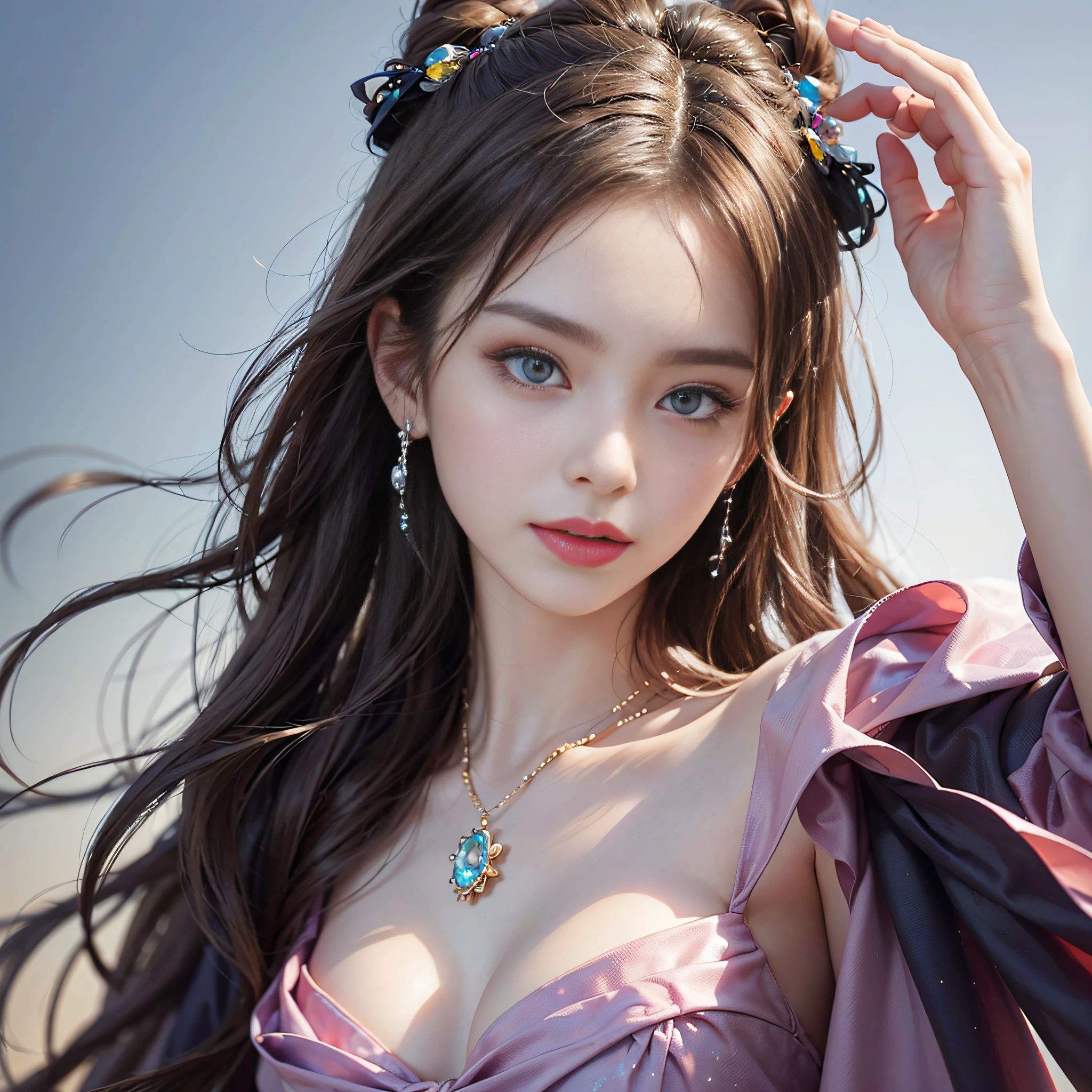 (A masterpie)、(beste Quality)、(Realistic)、Charming daughter、Portrait of a beautiful girl、1girls、Transparent eyes、beautifuldetailedeyes、Glitter eyes、Glowing eyes、flawless face、Perfect eyes、Perfect iris、Perfect lips、perfect teeth、flawless skin、Beautiful nose、Beautiful mouth、Pretty lips、fine-grained skin、portrait shooting、Professional artwork、in 8K、photorealestic、Long dress、Elegant face、flawless anatomy、Perfect Female Body:1.4、Ultra-realistic painting:1.4、Ultra-precision painting:1.4、grls:1.4、corporate headquarters、Raw photography、neckless、ear ring、goddesses、Fantastical、