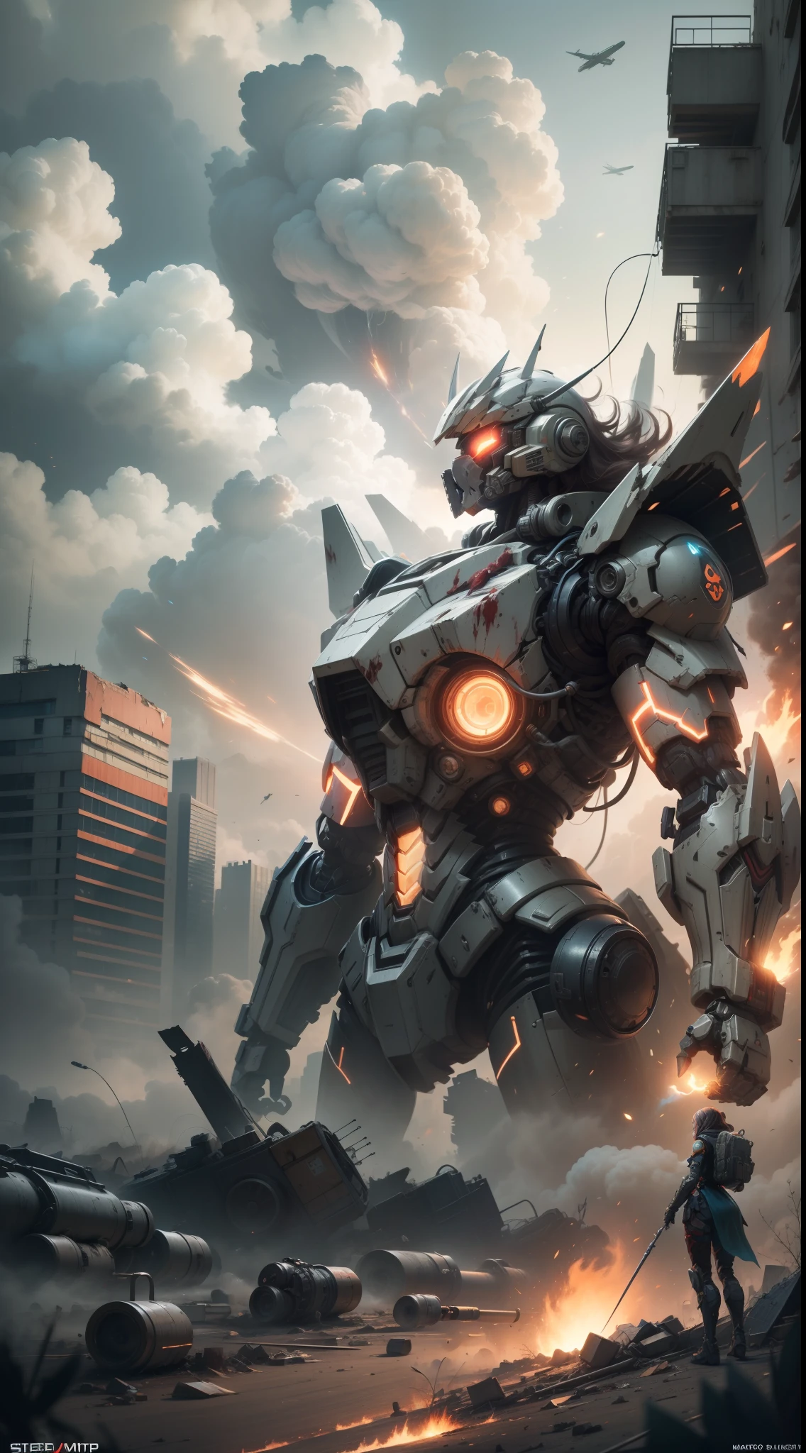 Look up at the perspective,(Digital artwork:1.3),Octane rendering,Wasteland,Swirling thick clouds,smog,Flying machines in the sky fierce battle,weed,Dilapidated houses,macadam,Sunset,in crimson red,(((A girl in a combat uniform stood on top of the badly damaged and broken mech head))),((The girl's long messy hair fluttered,Blood,Close up of a)),(Stubborn),(Steadfast),(There is blood at the corner of the mouth),(Messy long hair flying),(The mech was spattered with blood),(Mars splashes),((Broken upper body mech,Dropped mech fragments)),(Exposed wires),((Mecha is depicted finely)),(((ultra fine))),Shoot at 8K resolution,Gasoline liquid,firelight,Missiles streaked across the sky,weeds,macadam,exploding,splash arts,((Dynamic speed lines:1.2)),Lithography in intricate details,dongh(Light particles:1.2),(game concept:1.3),(deep of field:1.3),Global illumination,well detailed,Trends on ArtStation,Epic shooting,Cinematic lighting