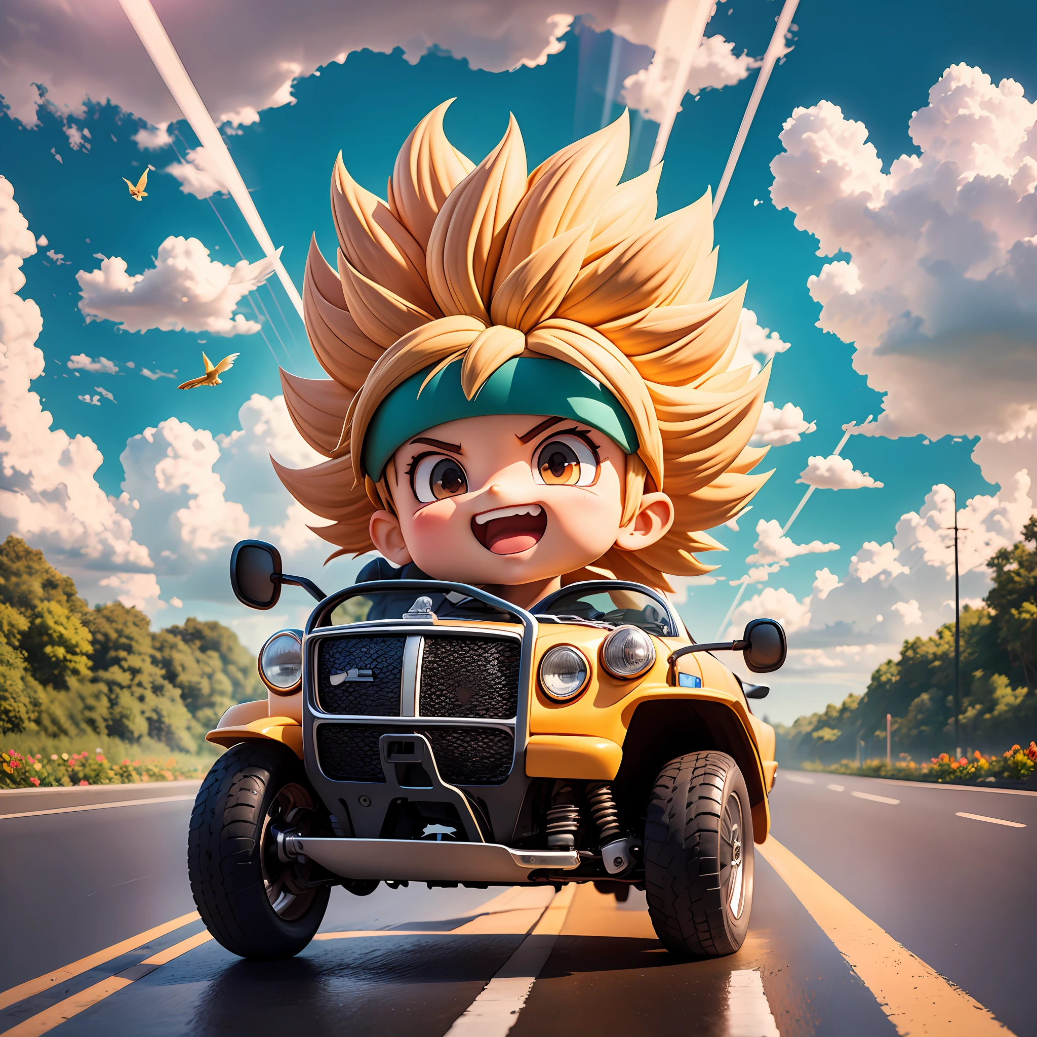 rains，Clouds，sunrays，highway，Little boy driving a convertible，son goku，SuperSaiyan，big laughter，Spiked hairstyle，Flowers，yama，kali，The bird，Rich colors，The Masterpiece，chibi，full body