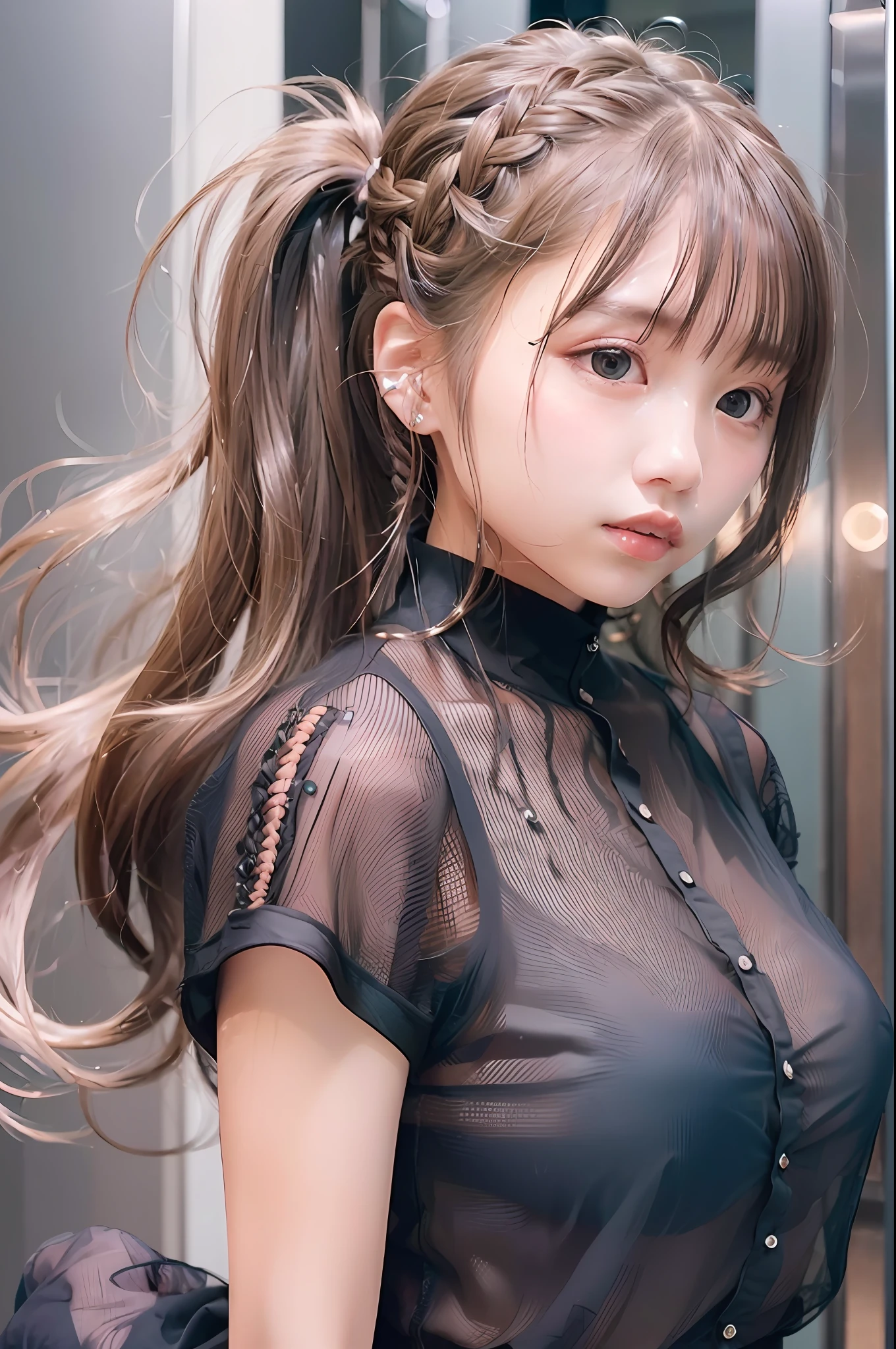 A masterpie、best qualiy, 1girls, (Skindentation), {{Too huge breasts!!}}, (days), well lit, blured background, (Street:0.6), (Braided bangs, hair wavy:1.5), (see-through shirts:1.8), gorgeou, (Floating hair:1.2), (dinamic pose:1.8), Soft lighting,