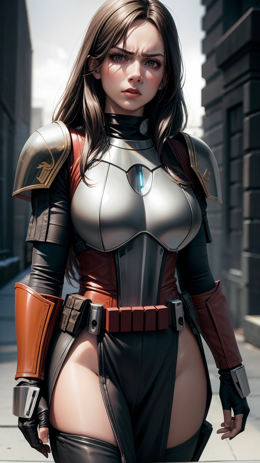 Adult female, long brown hair, red eyes, angry, Mandalorian armor, black lightsaber, masterpiece, high quality