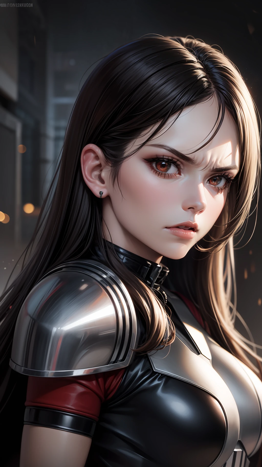 Adult female, long brown hair, red eyes, angry, Mandalorian armor, black lightsaber, masterpiece, high quality