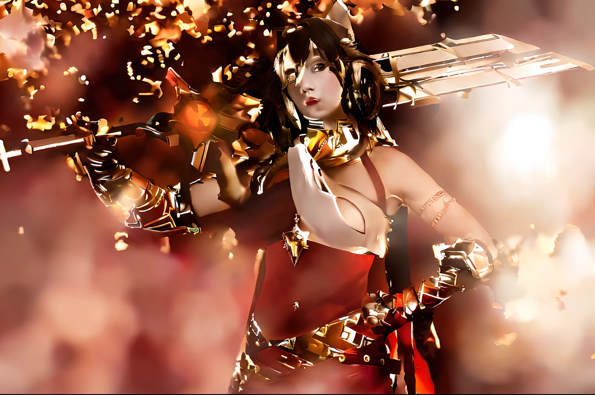 there is a woman in a red bikini holding a sword, Gorgeous Role Play, cosplay photo, cosplay, kitsune inspired armor, senna from league of legends, Cosplayer, samira from league of legends, natalie from epic battle fantasy, professional cosplay, Anime cosplay, 《genshinimpact》in the clear, lady in red armor, captured on canon eos r 6