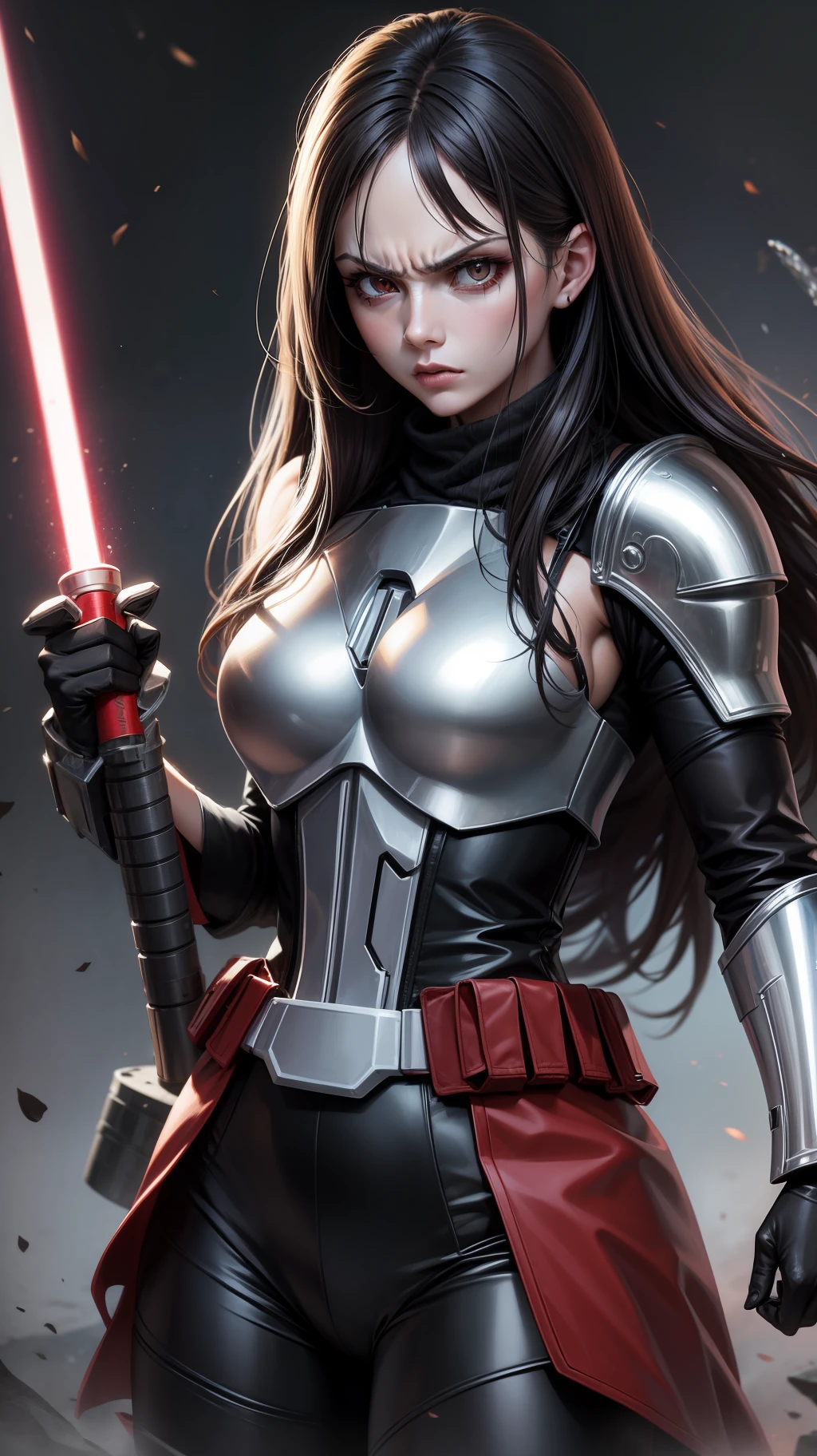 Adult female, long brown hair, red eyes, angry, Mandalorian armor, black lightsaber, masterpiece, high quality