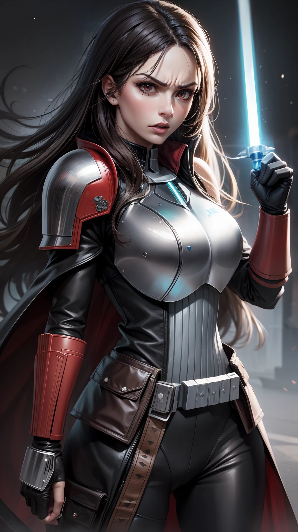 Adult female, long brown hair, red eyes, angry, Mandalorian armor, black lightsaber, masterpiece, high quality