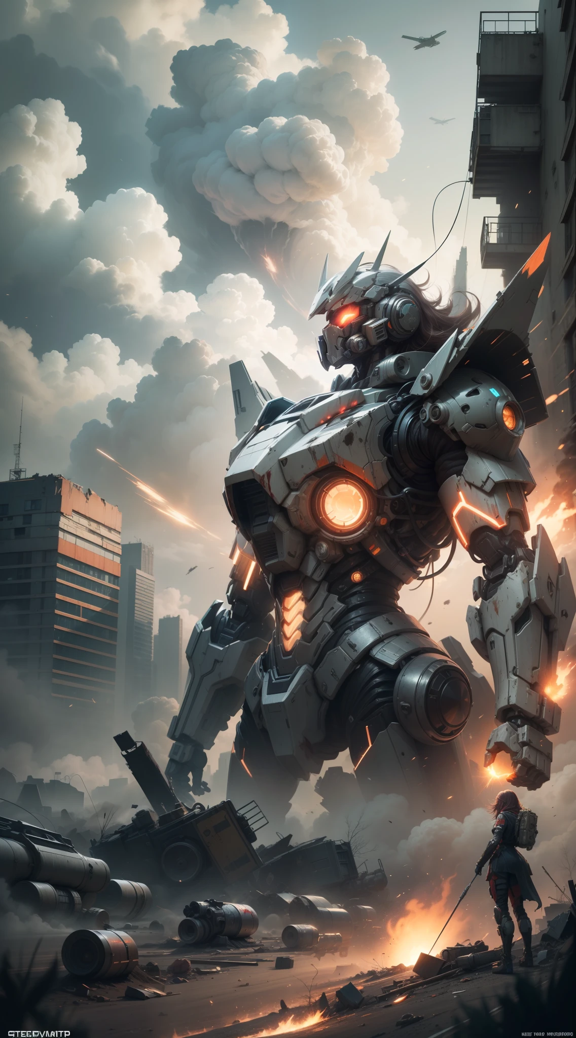 Look up at the perspective,(Digital artwork:1.3),Octane rendering,Wasteland,Swirling thick clouds,smog,Flying machines in the sky fierce battle,weed,Dilapidated houses,macadam,Sunset,in crimson red,(((A girl in a combat uniform stood on top of the badly damaged and broken mech head))),((The girl's long messy hair fluttered,Blood,Close up of a)),(Stubborn),(Steadfast),(There is blood at the corner of the mouth),(Messy long hair flying),(The mech was spattered with blood),(Mars splashes),((Broken upper body mech,Dropped mech fragments)),(Exposed wires),((Mecha is depicted finely)),(((ultra fine))),Shoot at 8K resolution,Gasoline liquid,firelight,Missiles streaked across the sky,weeds,macadam,exploding,splash arts,((Dynamic speed lines:1.2)),Lithography in intricate details,dongh(Light particles:1.2),(game concept:1.3),(deep of field:1.3),Global illumination,well detailed,Trends on ArtStation,Epic shooting,Cinematic lighting