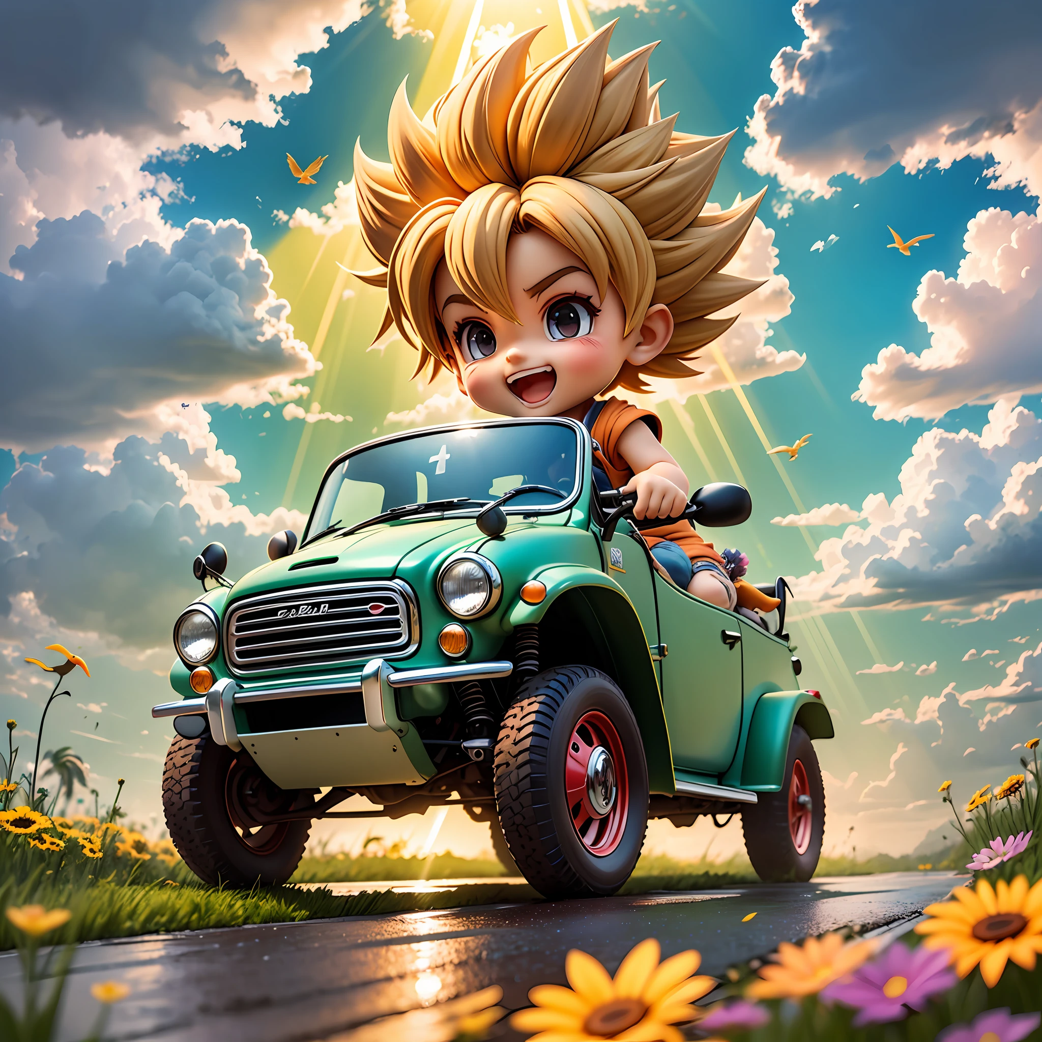 rains,Clouds,sunrays,highway, who opens an open-top buggy,son goku,SuperSaiyan,big laughter,Spiked hairstyle,Flowers,yama,kali,The bird,Rich colors,The Masterpiece,chibi,full body