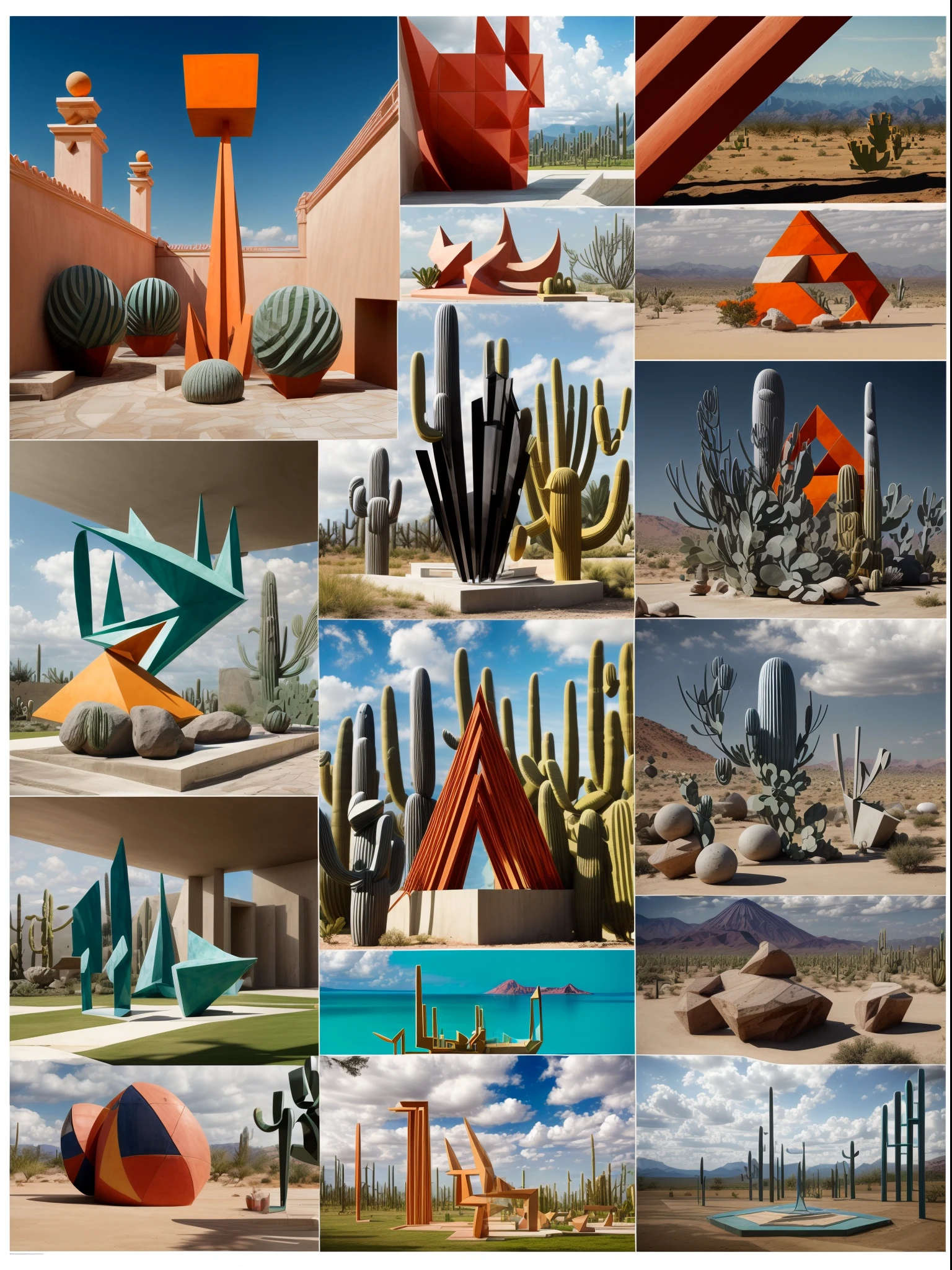 ((masterpiece, best quality)),illustration,ultra detailed 8k. (((An illustration of a build designed by Luis Barragán))), with a desertic vegetation garden, (big rocks), ((cacti)), lake, volcano in horizon, smooth clouds, (((illustration collage format))), ((Escher's art style)), (((multiple sections))), (orange, blue, olive green, grey, black and white), hard shadows, (((geometric sculptures))), concrete sculptures, high contrast, dramatic, cinematographic,