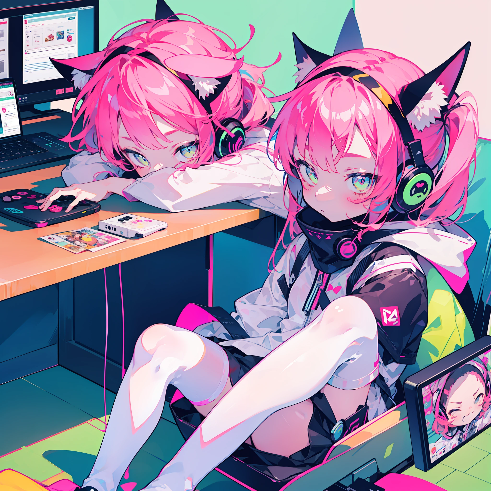 A with pink hair tied in a side ponytail,sitting at a computer desk,Small hands tugging at the white stockings on their legs,With cat ear headphones on his head,There was a box of snacks taller than her,Concentrate on playing the game with a controller