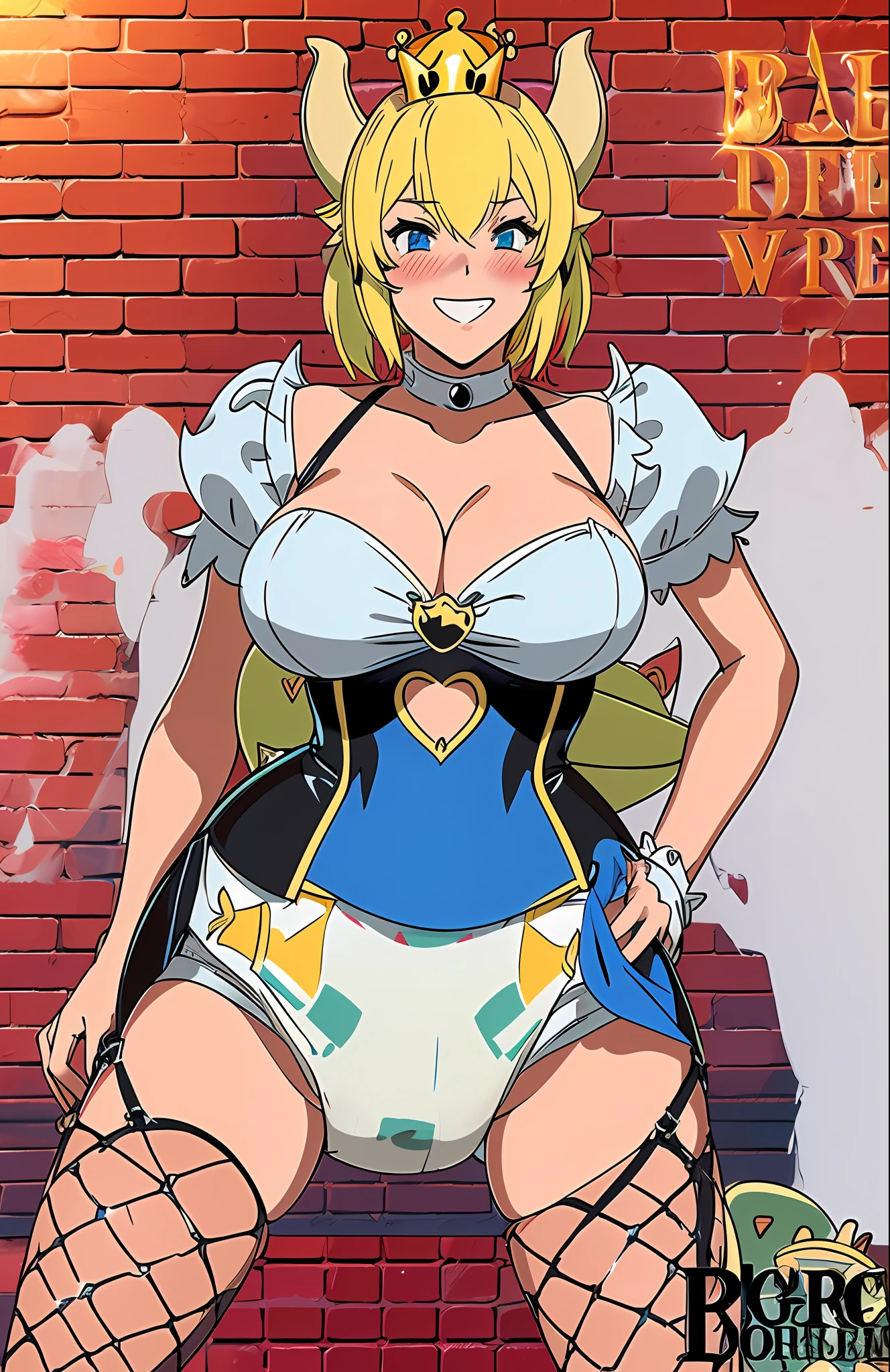 Sexy girls wearing (big diaper), ((bowsette)), busty, (big breasts), wide hips, ((latex)), stockings, fishnets, corsets, (hypnotized expression), ((hypnotic)), ((magical)), (blushing), ((embarrassed expression)), pleasure, ((orgasmic)), smiling, colorful, stage, stage lights, brick wall, (magic fog), ((mommydom))