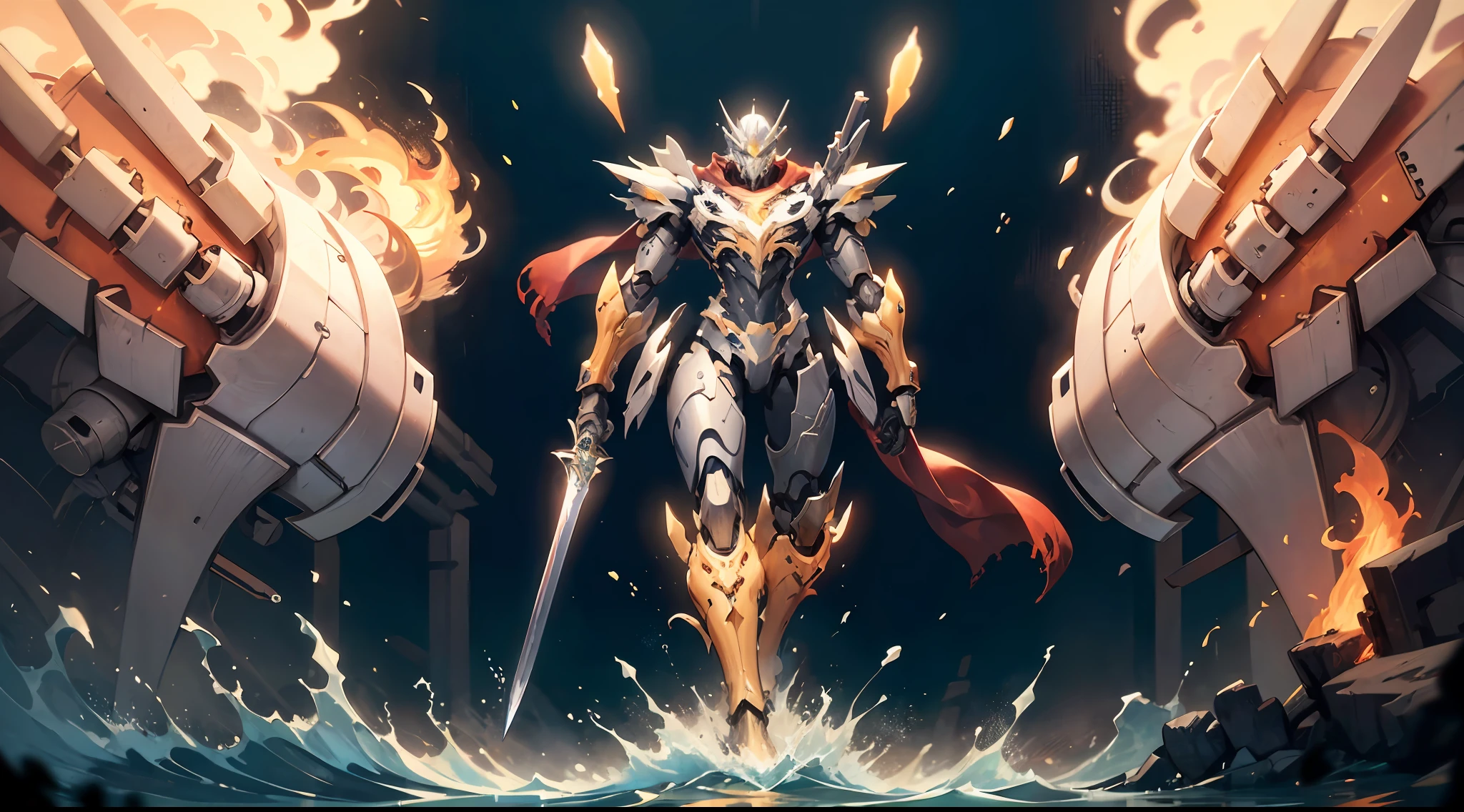 A beautiful game CG with the theme of the machine as the main body, super detail, this is a light black and light white complex structure of the mecha, its hands hold a broad heavy armor sword, emitting the light of flame: 1.2, the eyes emit dazzling ruby light: 0.8, 3D two-dimensional drawing, the scarf of breaking waves sways with the wind, anime drawing, chiaroscuro, light special effects, mecha detailed and exquisite, mecha face delicate and clear, light light on the eyes, battle action drawing, background burning fire of the broken mechanical battlefield