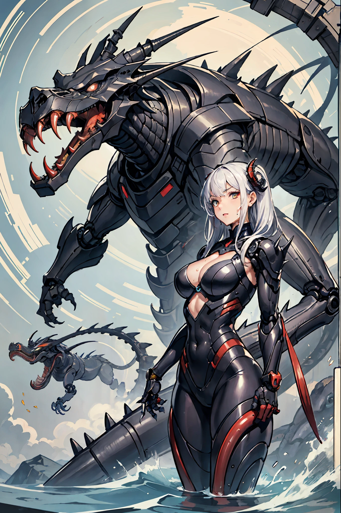 (best qulity), Oriental detailed background, Girl with man, Science-Fiction, Robotic arm, Guro, alien, ogre,Xenomorph,Mechanically,mechamusume,girlfriend,tentacles in,entangle,Wet,Mechanical dragon,China Dragon,Mechanical dinosaurs,t-rex
