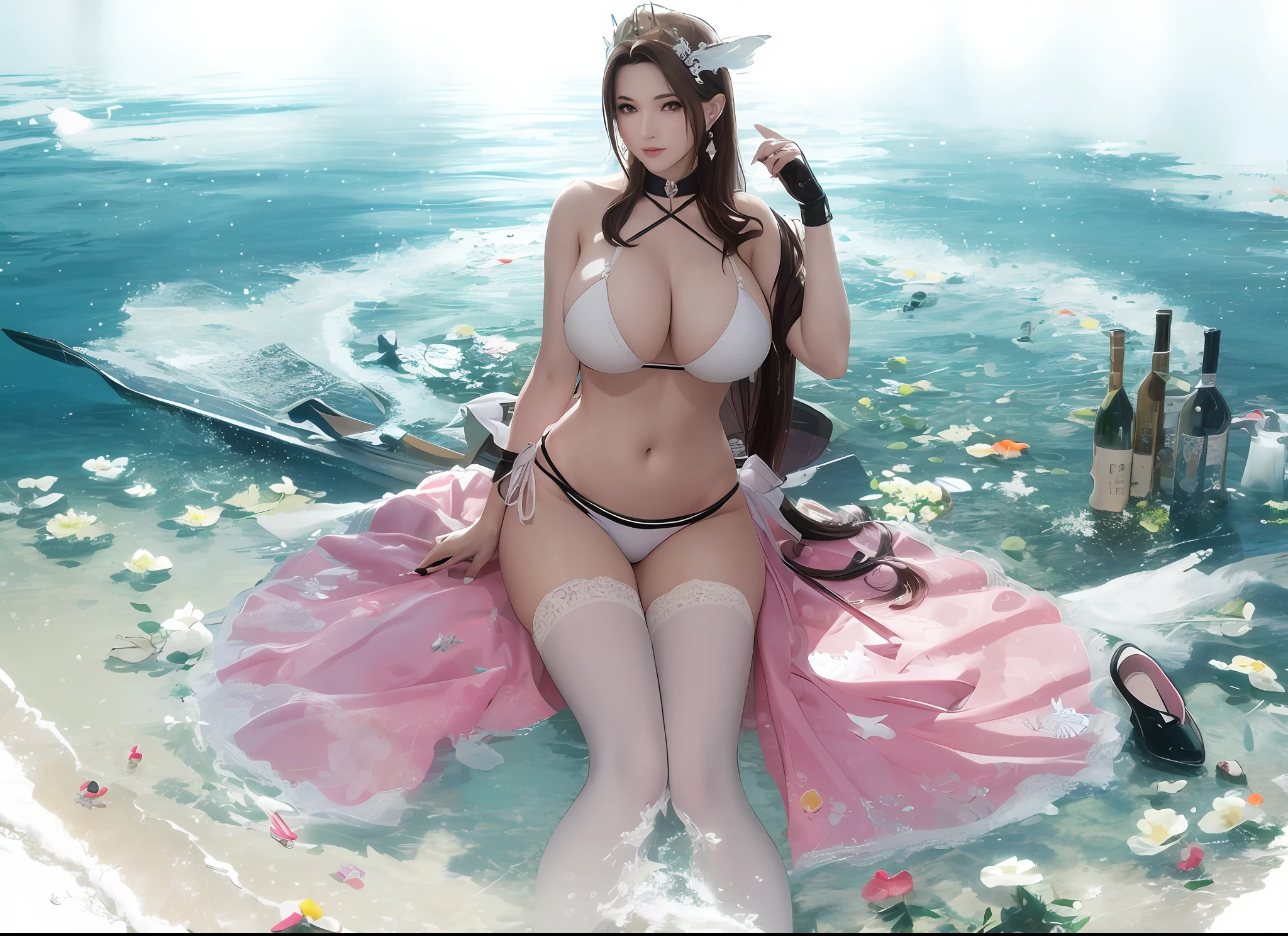 there is a woman in a bikini sitting on a boat, beautiful aerith gainsborough, Aerith Gainsborough, glamorous aerith portrait, beautiful and seductive anime woman, ff Tifa, a beautiful fantasy empress, final fantasy character, From《final fantasy》, ((a beautiful fantasy empress)), [ 4 K digital art ]!!, alluring tipha lockhart portrait, anime goddess，immensely gigantic breasts，Snow-white breasts，Very thin waist，Snow-white legs，Wearing black stiletto heels，Nothing on the legs，Wearing a tong，8K quality