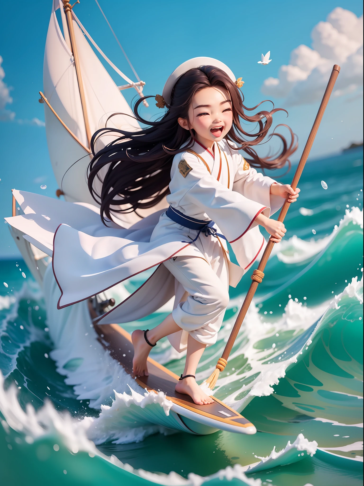 chibi，full body1boy：1.3，A twenty-year-old man surfing on a sailboat at sea，sailing ship：1.3，Blue sea：1.3，black long hair，White clothes fluttering，Hanfu，Open your mouth and laugh，Full body，Chibi