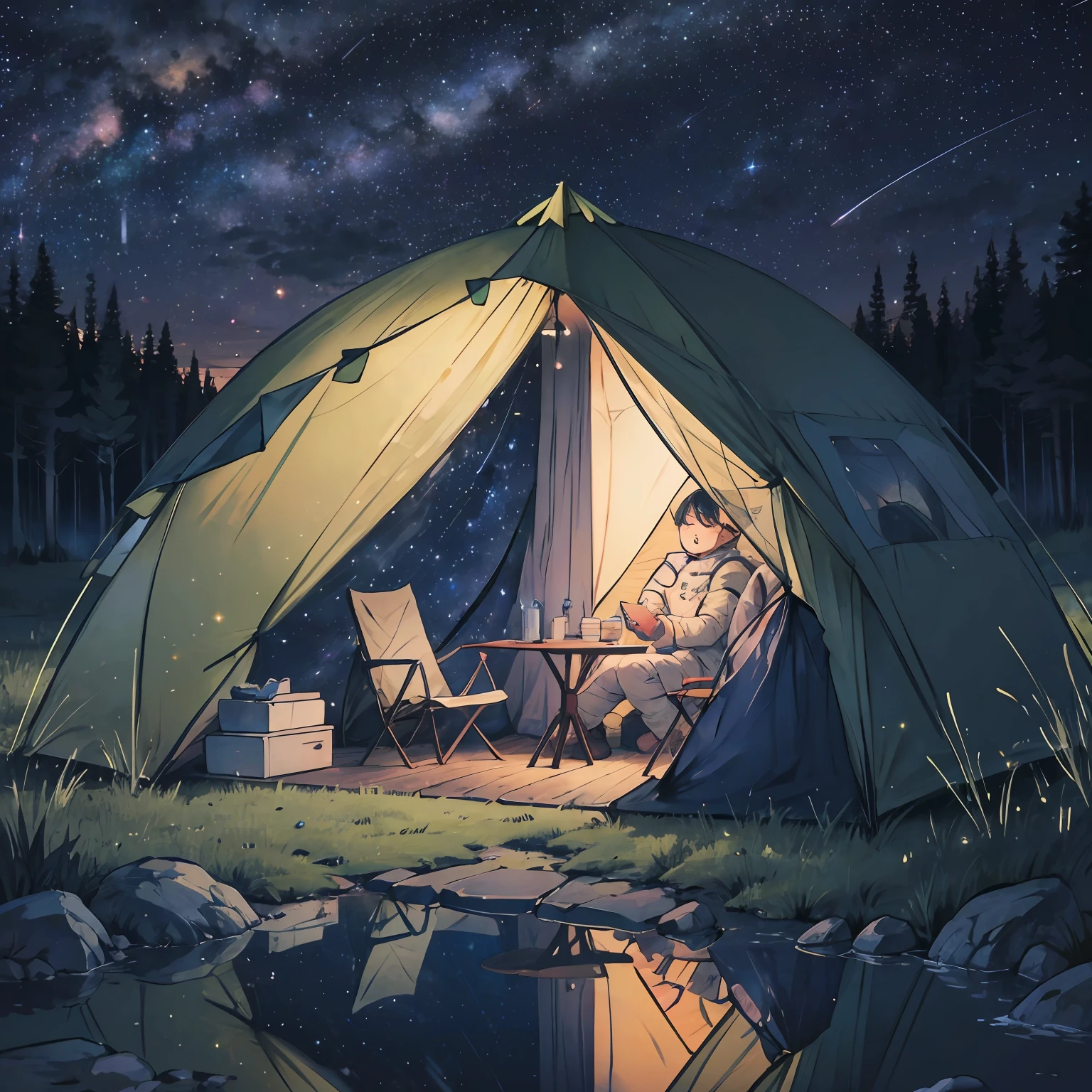 Astronauts in helmets camping，Behind him is the tent，Next to it is a campfire，The background is a starry sky，The color tone of the picture is refreshing、Bright，Starlight twinkles，With a slight flow sensation。 --auto