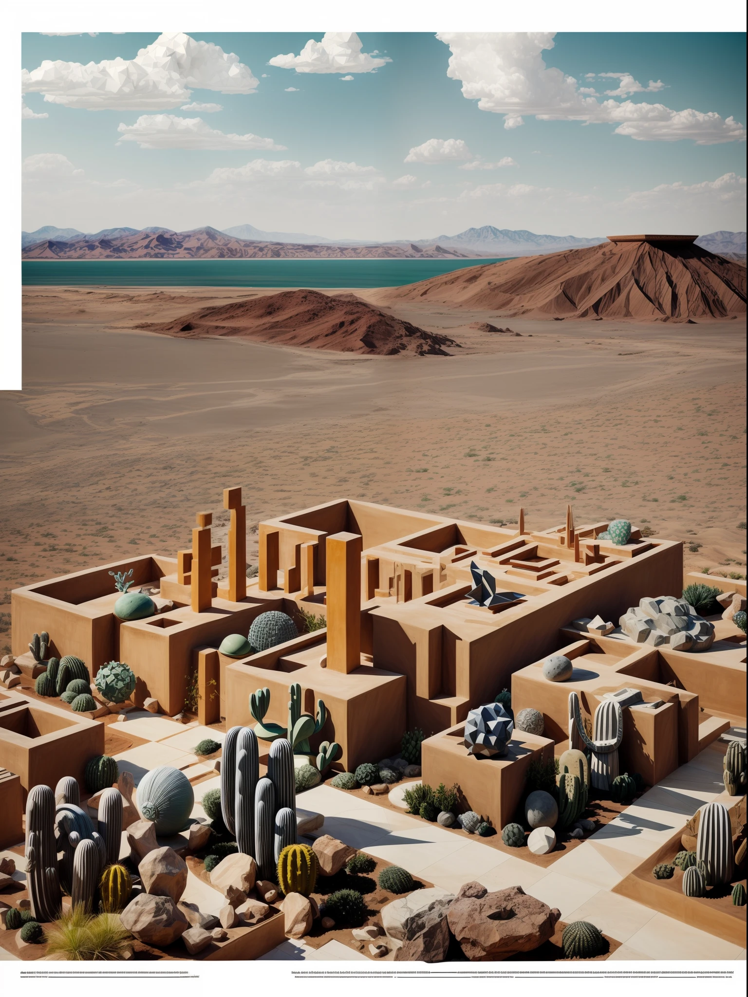((masterpiece, best quality)),illustration,ultra detailed 8k. (((An illustration of a build designed by Luis Barragán))), with a desertic vegetation garden, (big rocks), ((cacti)), lake, volcano in horizon, smooth clouds, (((illustration collage format))), ((Escher's art style)), (((multiple sections))), (orange, blue, olive green, grey, black and white), hard shadows, (((geometric sculptures))), concrete sculptures, high contrast, dramatic, cinematographic,