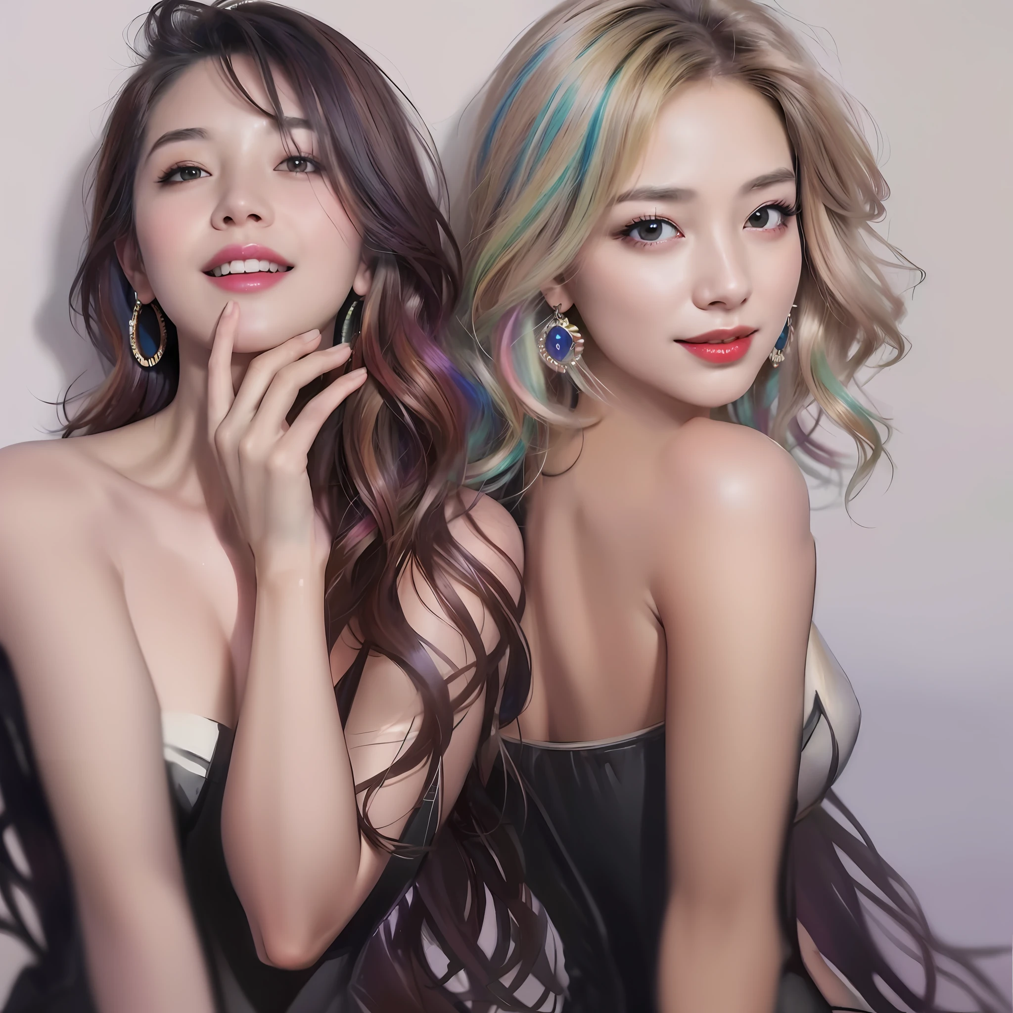 two women with colorful hair posing for a picture in a studio, inspired by Yanjun Cheng, glossy digital painting, digital painting style, in the art style of bowater, trending on artstration, digital painting style, Exquisite digital illustration, korean artist, in style of digital illustration, a beautiful artwork illustration, [ 4 K digital art ]!!