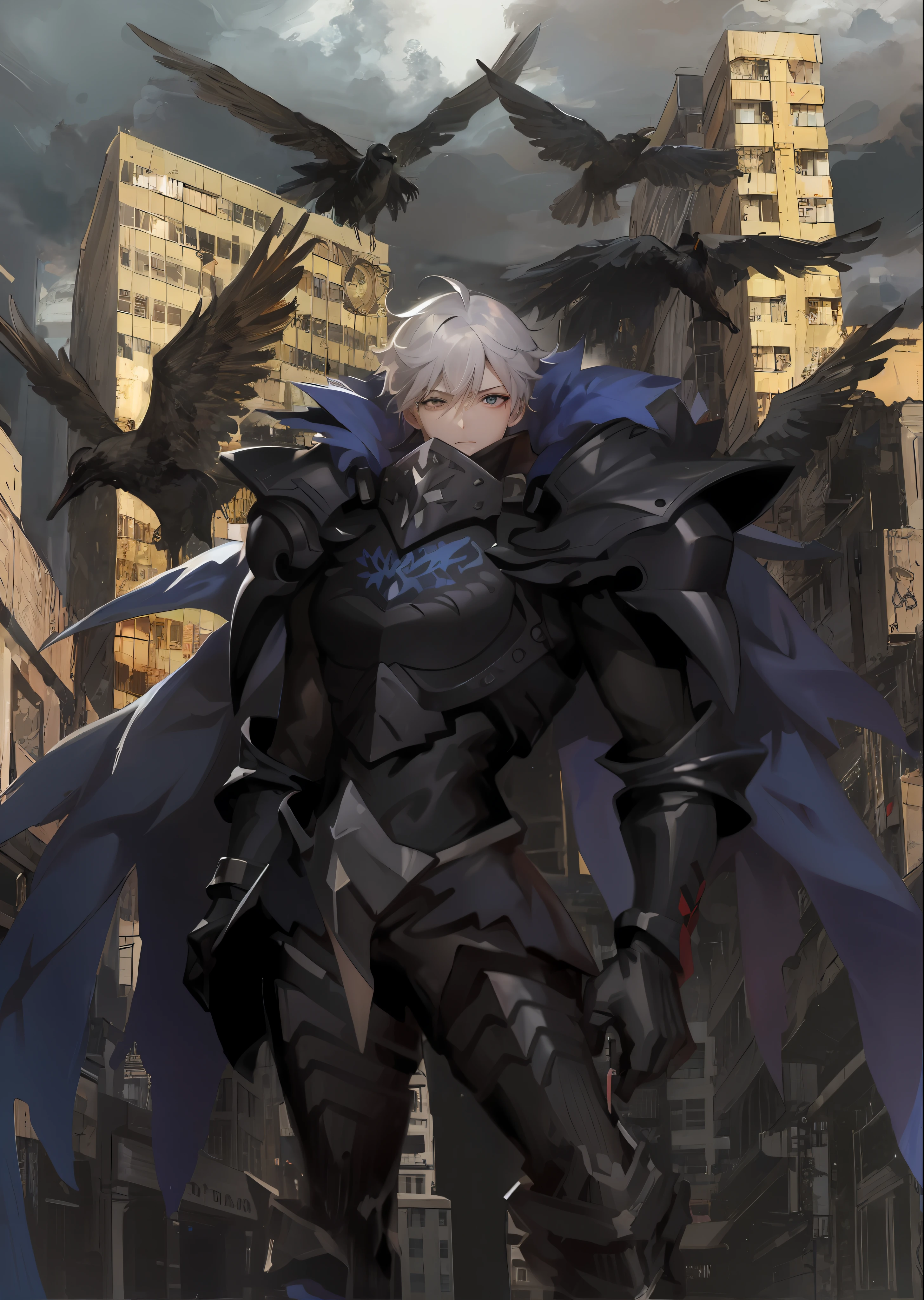 anime character with wings and a bird in a city, badass anime 8 k, Best anime 4k konachan wallpaper, Tall anime guy with blue eyes, Key anime art, high detailed official artwork, from arknights, officlal art, arknights, fate grand order, anthropomorphic raven knight, anime style like fate/stay night, detailed key anime art
