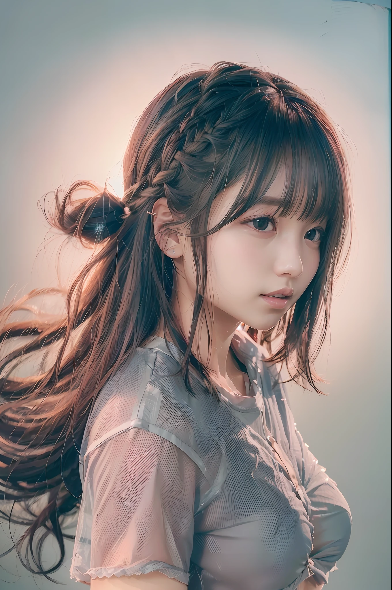 A masterpie、best qualiy, 1girls, (Skindentation), {{Too big!!}}, (days), well lit, blured background, (Street:0.6), (Braided bangs, Wavy Hair:1.5), (see-through shirts:1.8), (Underwear:1.8),gorgeou, (Floating hair:1.2), (dinamic pose:1.8), Soft lighting,