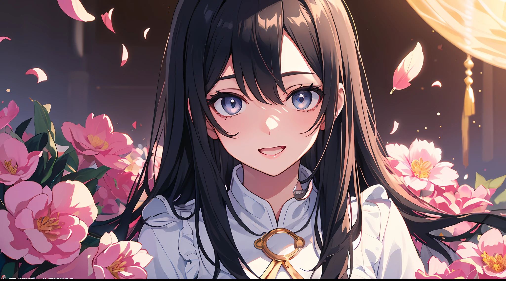 (master-piece), (best qualiy), (Ultra detailed), (disheveled hair), (illustration), (1fille), (Fashionable clothing), debout, mannequin, regardant le spectateur, (interview), (simple background), nice detailed eyes, Beautiful, delicate face, flottant, (high saturation), (colorful splashes), Colored bubble, (brillant), se concentrer sur le visage, queue de cheval, nezuko kamado, cheveux black clair, frange, bague de cheveux, fleurs flottantes, poils flottants, (brillant), best lighting, meilleure ombre, excited