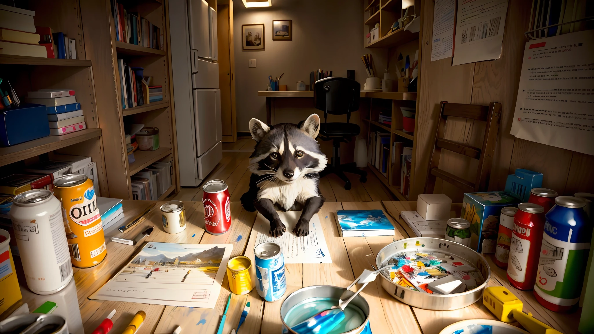 ((melhor qualidade)), ((obra-prima)), (detalhado), rosto bonito, detalhes intrincados, (detalhes extremamente altos: 1,3), (8K resolution:1,2), beautiful fine art illustration, (8K resolution:1,2), A lone raccoon sits at the paint-stained table with a can of soda while painting mini dolls and figures with a brush, cara concentrada, orelhas abaixadas, olhar concentrado, olhos fofos, room full of dolls from collections and colorful figures, wide angle camera, perspectiva, corpo inteiro , cidade, vila, messy room with art stuff and mini dolls