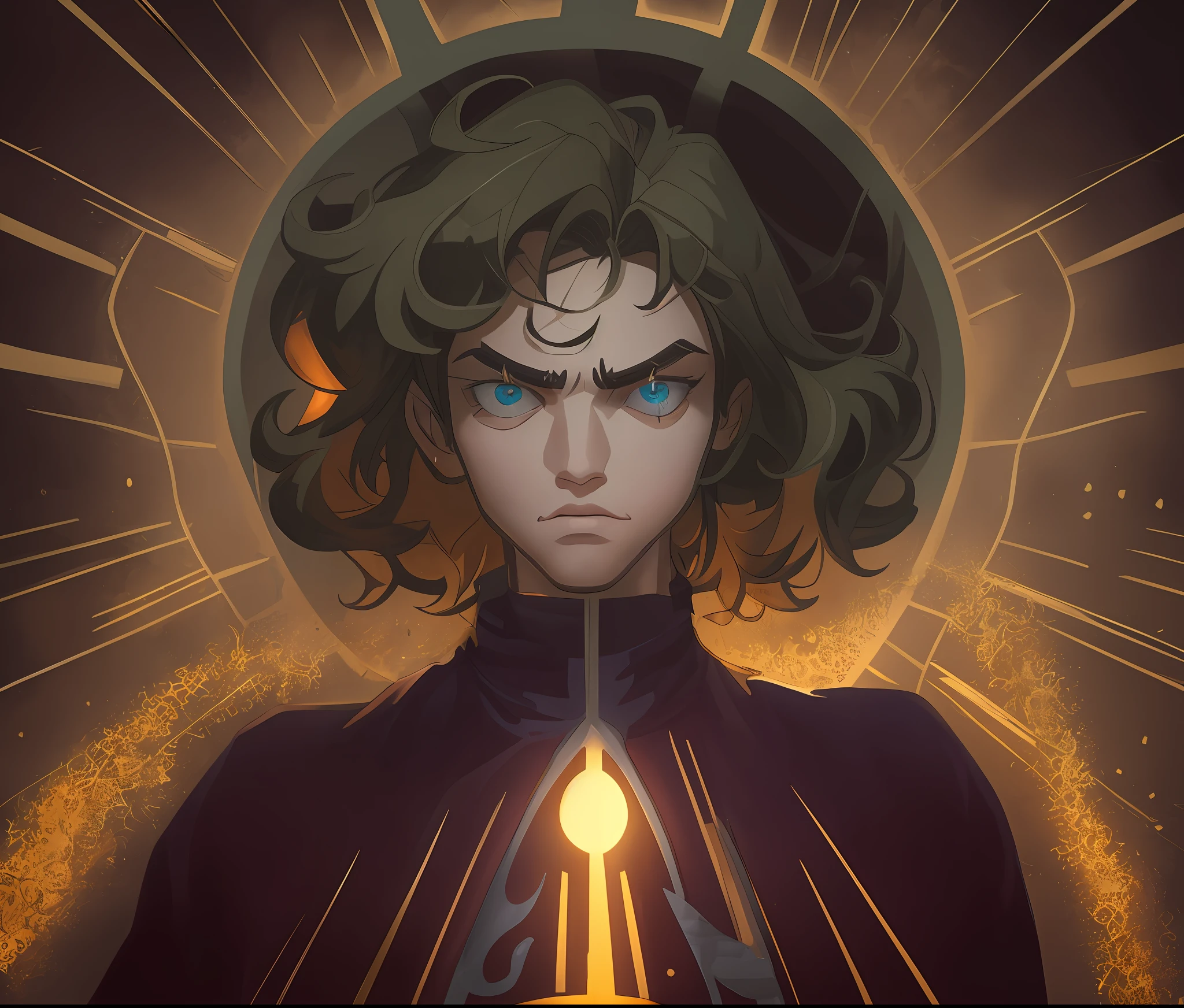 personagen de anime com olhos amarelos e cabelos castanhos em um quarto escuro, cara bonito na arte demon slayer, Boris Valejo. Octopath Viajante, Parte Brando, casimiro arte, Deu, fanart requintada altamente detalhada, anime em estilo fantasia, portrait knights of zodiac girl, regal and menacing visage, fanart detalhado, joseph joestar, Arte Oficial, Stanely Artgerm