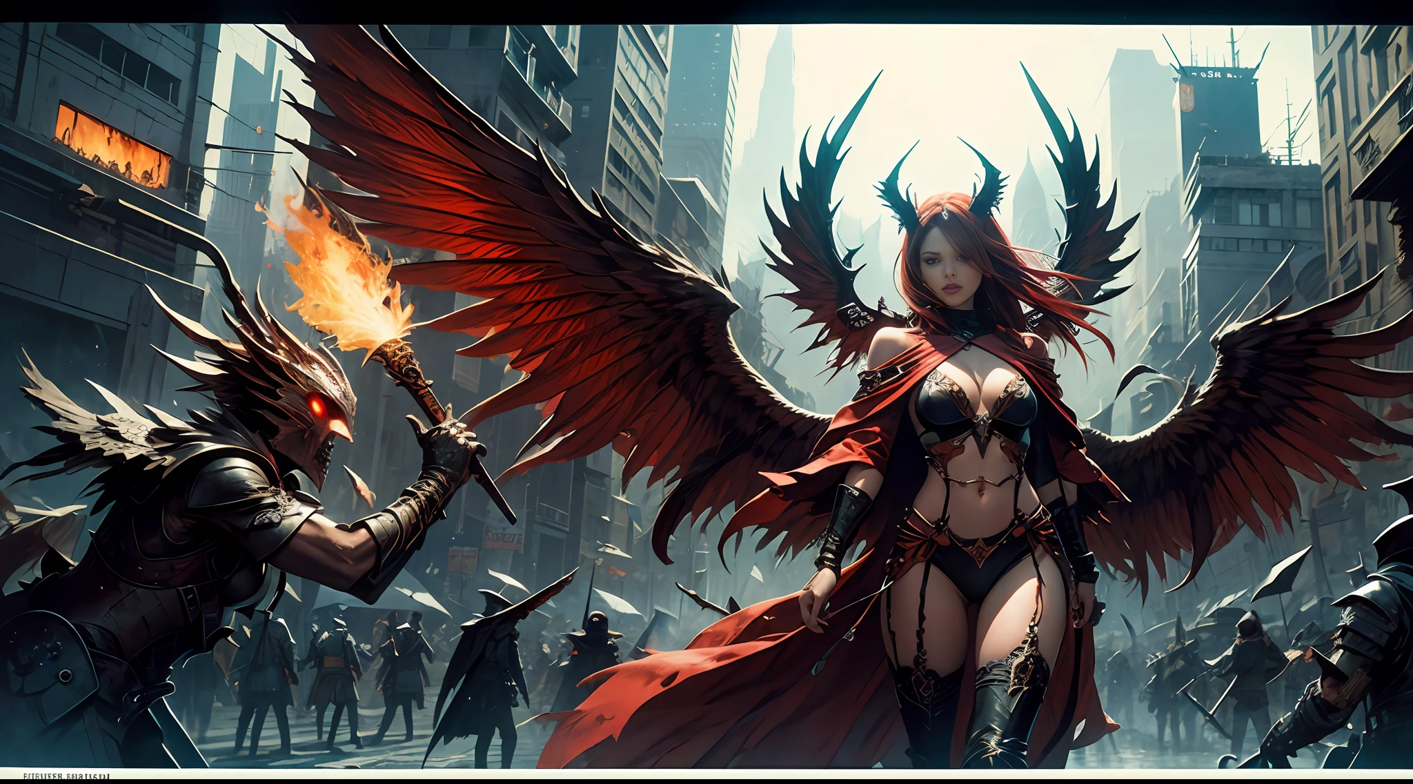 red evil fallen angel sexy with firewings in apocaliptic city in hell --auto