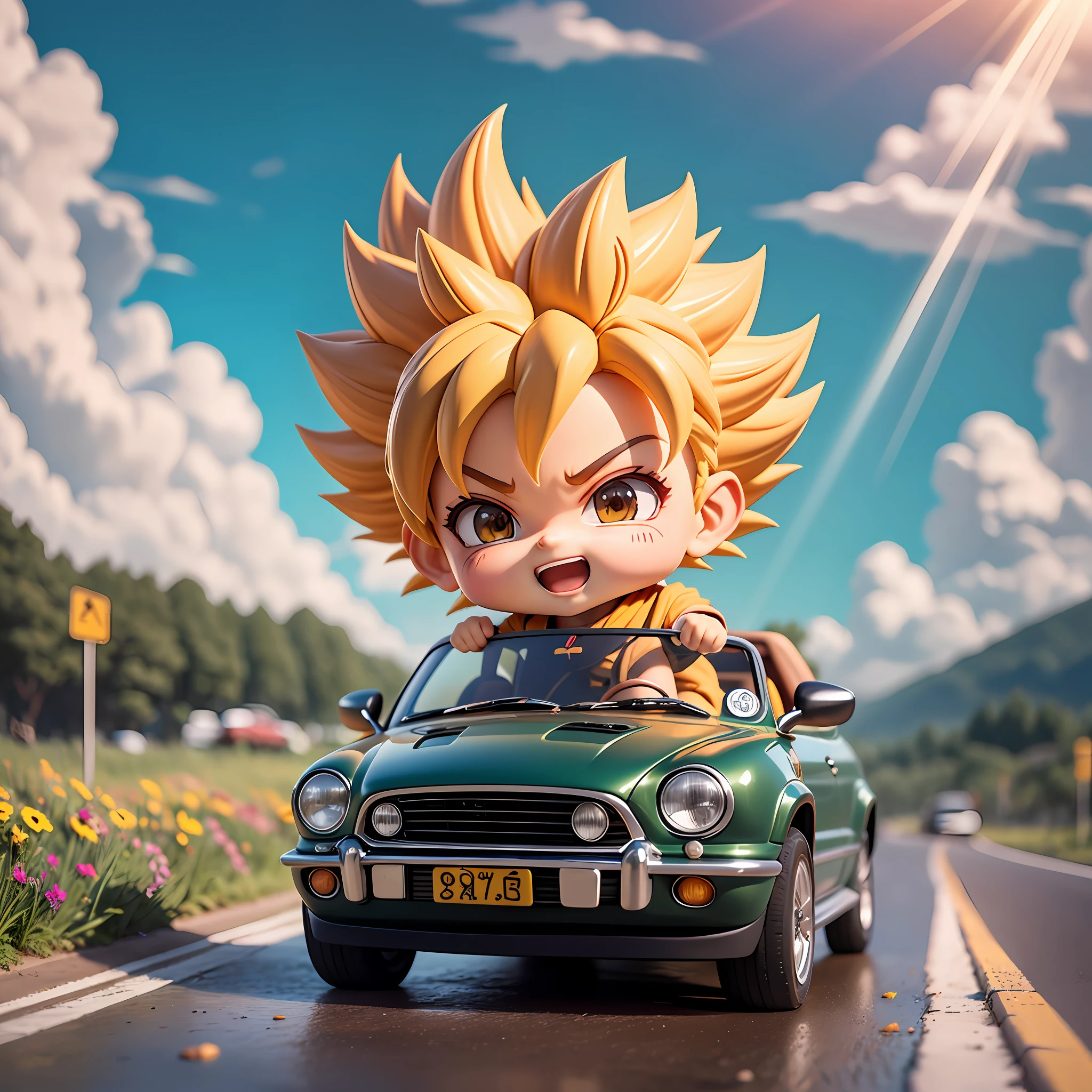 rains，Clouds，sunrays，highway， boy driving a convertible，son goku，SuperSaiyan，big laughter，Spiked hairstyle，Flowers，yama，kali，The bird，Rich colors，The Masterpiece，chibi，full body