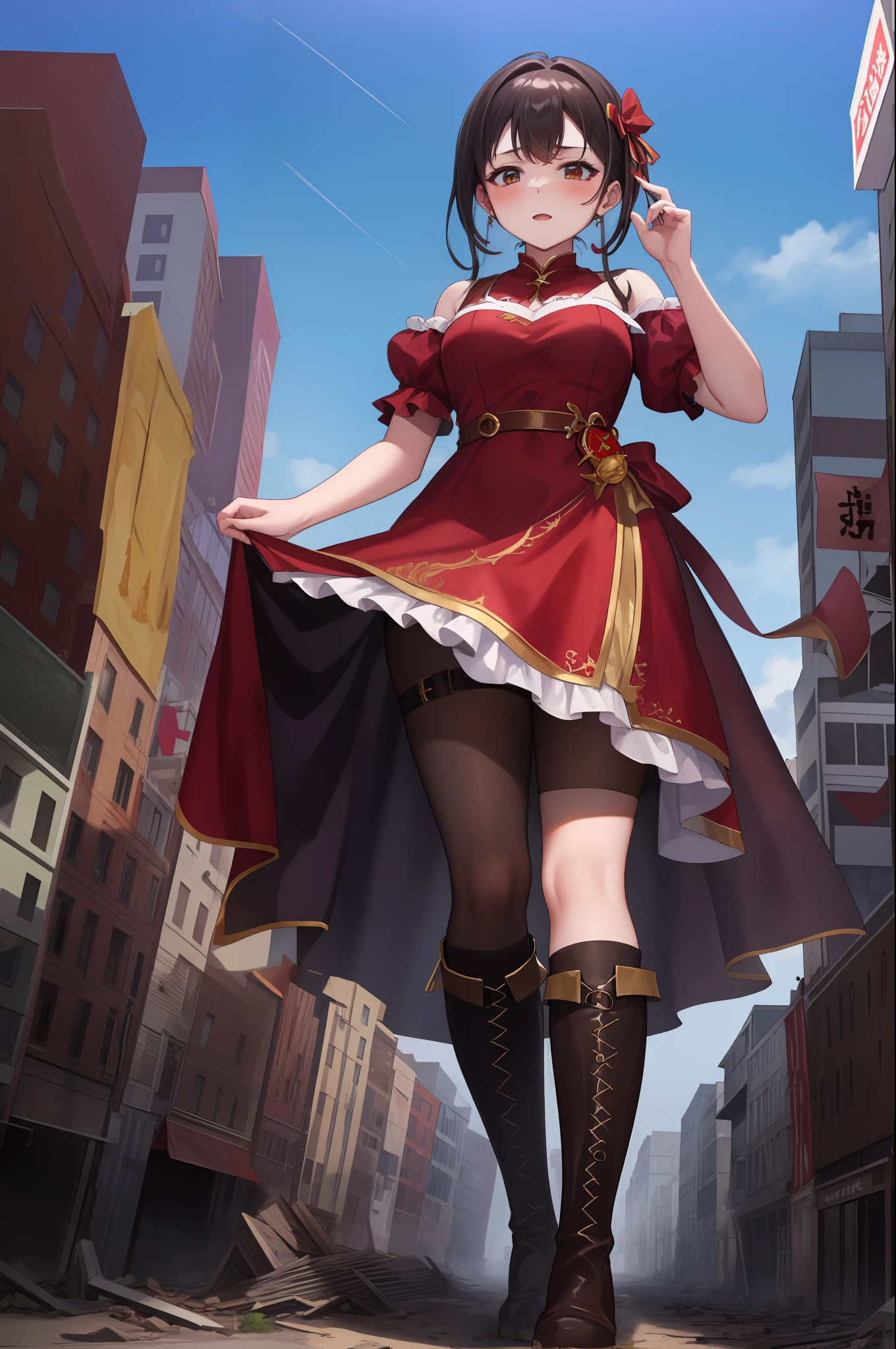 Chaotic ruins of the city，The maiden stood on it，Contempt for all。She wore a red dress，Brown boots，。Under the boots are suffering citizens。