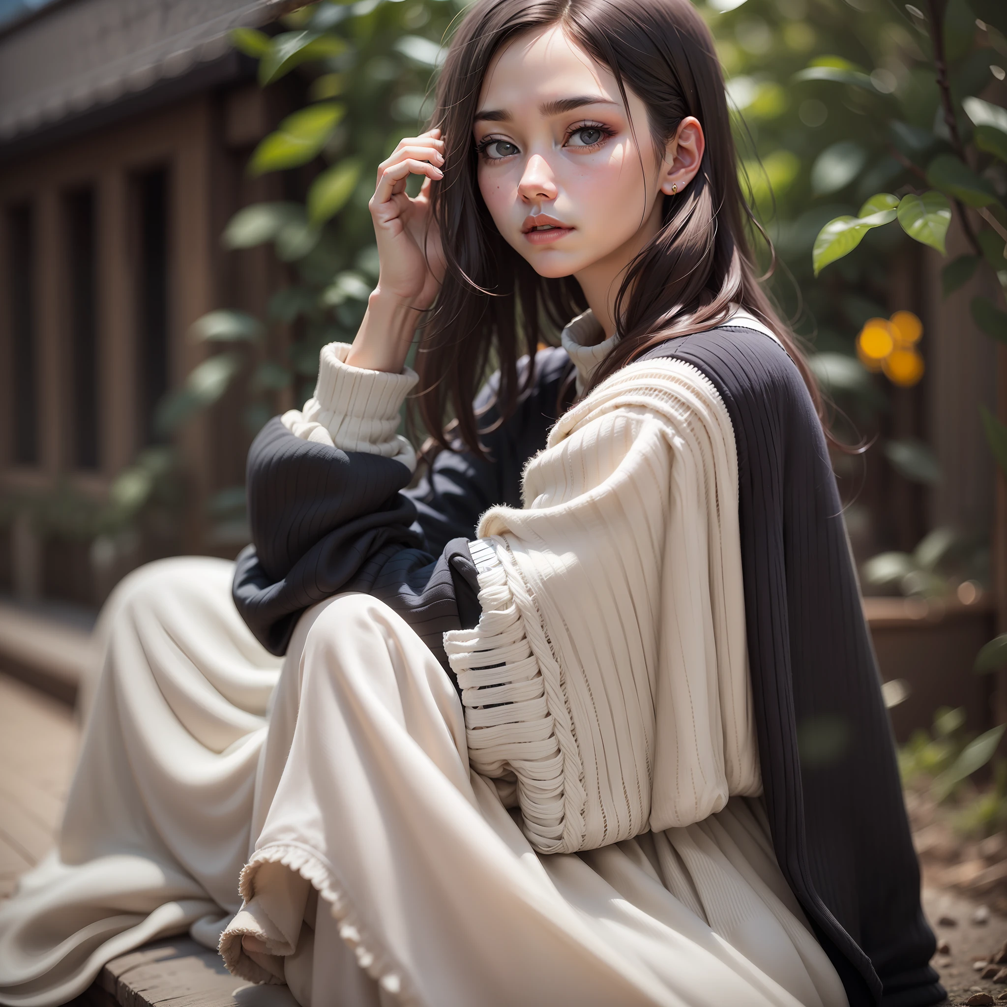 Best picture quality, a woman, delicate facial features, black house clothes, photo style