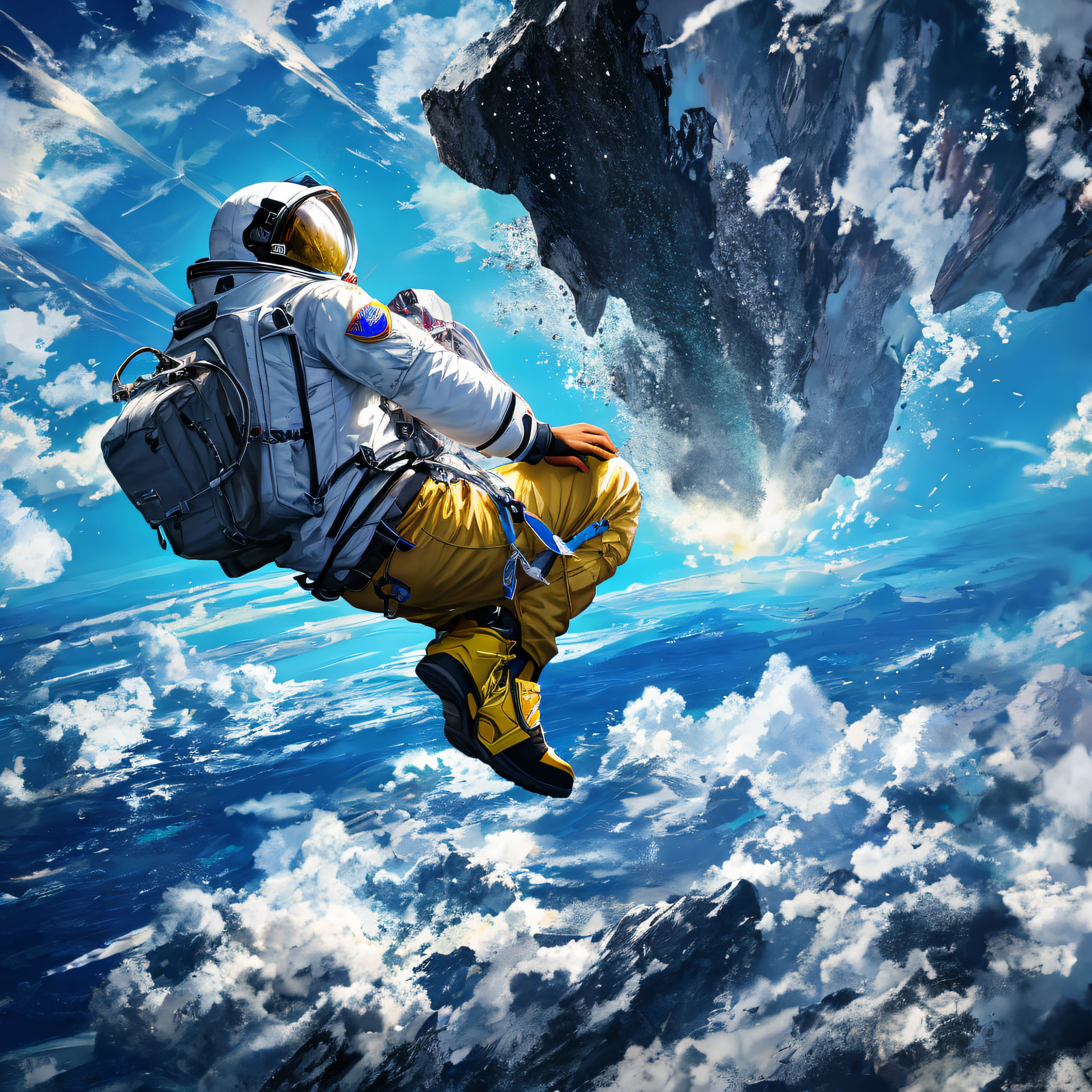 astronaut、Climbing an asteroid、Character Rendering、Ultra high quality model、Air background、Abstract beauty、Explosive volume、oill painting、heavy strokes、