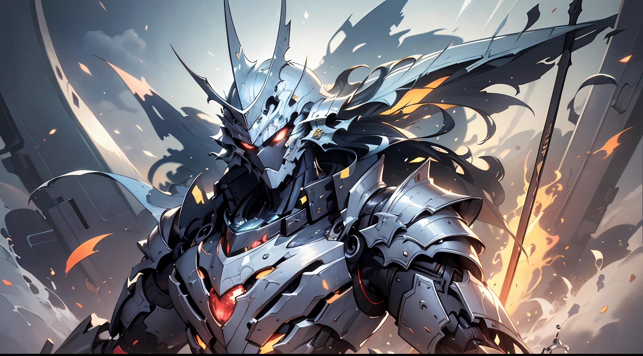 A beautiful game CG with the theme of the machine as the main body, super detail, this is a light black and light white complex structure of the mecha, its hands hold a broad heavy armor sword, emitting the light of flame: 1.2, the eyes emit dazzling ruby light: 0.8, 3D two-dimensional drawing, the scarf of breaking waves sways with the wind, anime drawing, chiaroscuro, light special effects, mecha detailed and exquisite, mecha face delicate and clear, light light on the eyes, battle action drawing, background burning fire of the broken mechanical battlefield