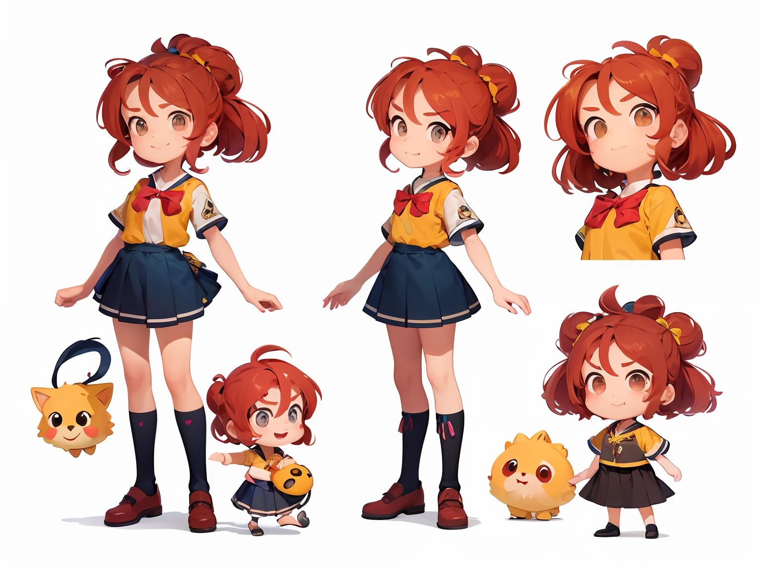 9 anos estilo cartoon bem infantil. kidny. personagem para capa de ebook infantil. Curly and red hair up to the shoulder. Bow on pink head. Olhos castanhos e grandes. pele branca. mesmo personagem. wearing dark blue skirt and white blouse as high school uniform. Meia branca e sapato preto, estilo cartoon. various poses, same character deta reference --auto --s2