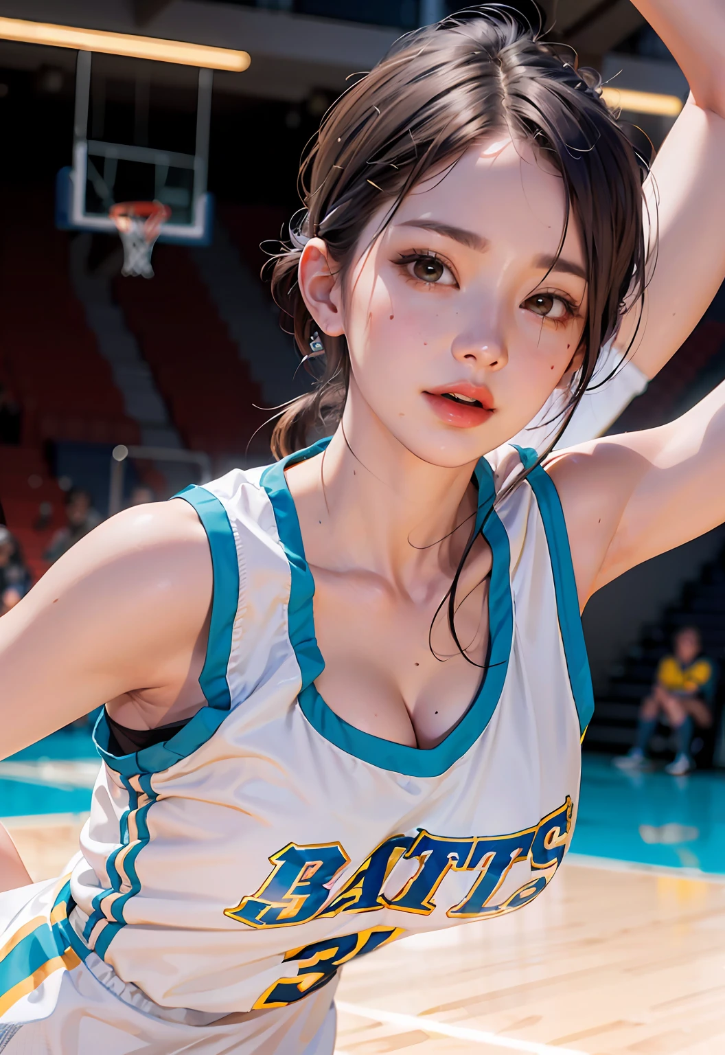 (8k, RAW photo, best quality, masterpiece:1.2), (realistic, photo-realistic:1.4), illustration, highres,hexagon,(1girl), gorgeous, rough skin, (oval face:1.1), professional lighting, photon mapping, radiosity, physically-based rendering, cute,
wear basketball uniform, large breast, ((cleavage)), at basketball court, pureerosface_v1:0.3