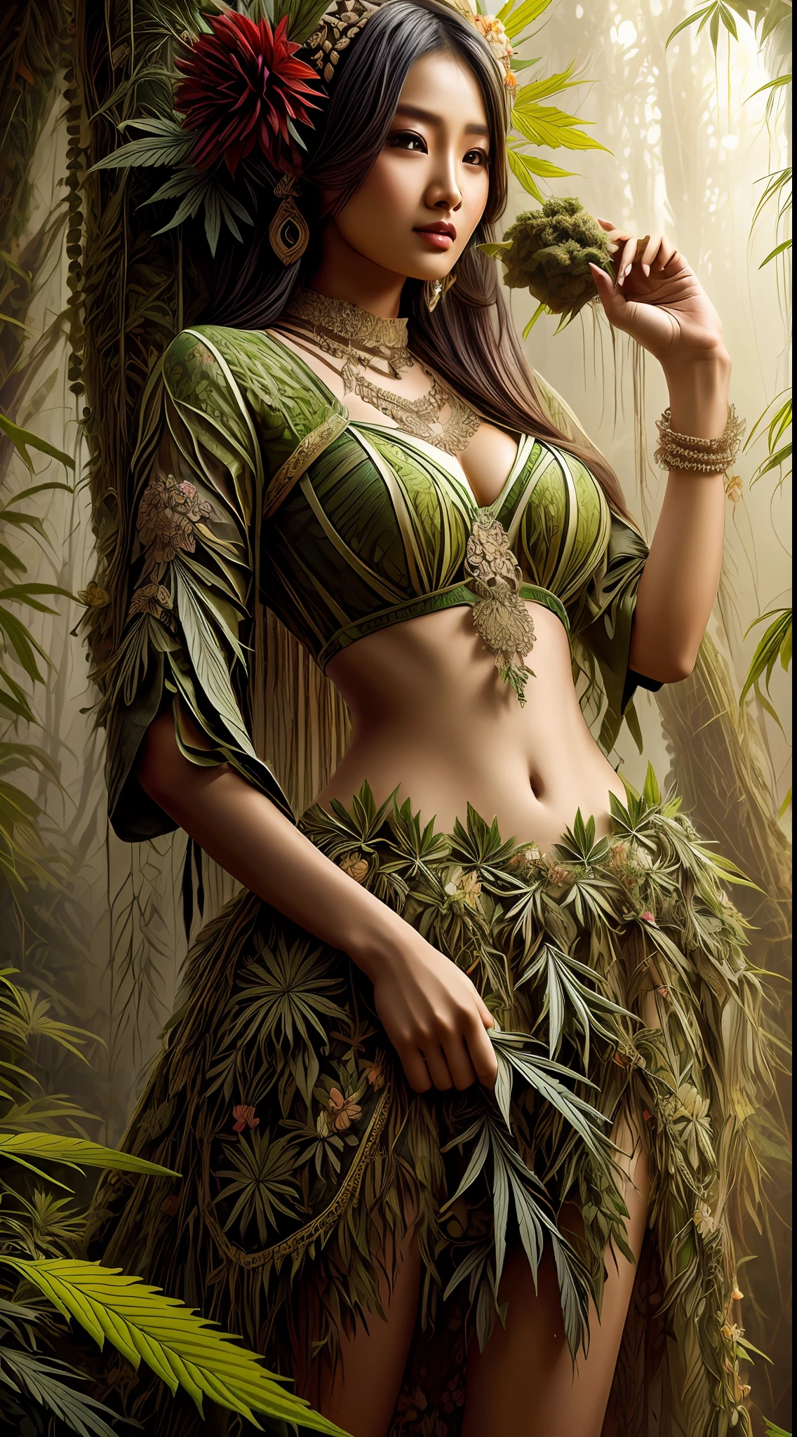 exy exotics voluptuous Indonesian girl with maorest sexy clotheganja flowers,juana leaves, mfractal, Indonesian art, Indonesian culture