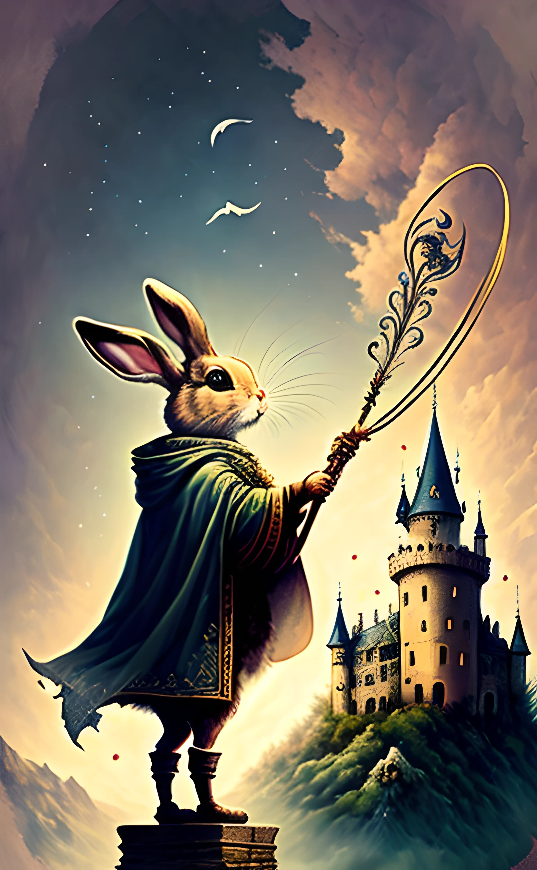 The Magician
"A rabbit in a mystical cloak, raising a wand to the sky. A symbol of infinity hovers above his head. A gloomy castle in the background."