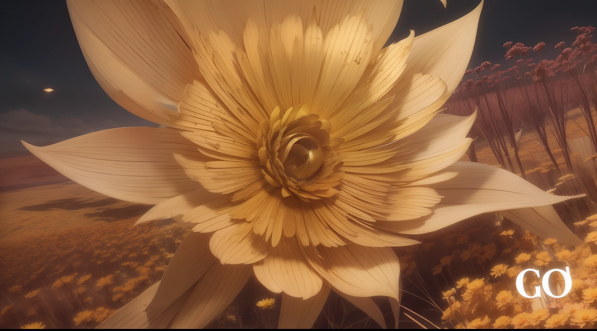 The Masterpiece,The ultra-Realistically,32K,非常详细的 CG 统一 8k 壁纸,best qulity,A huge golden metal flower,blooms,Cover the sky,Petrifying,magical,fantasy,darkness,sharpest,