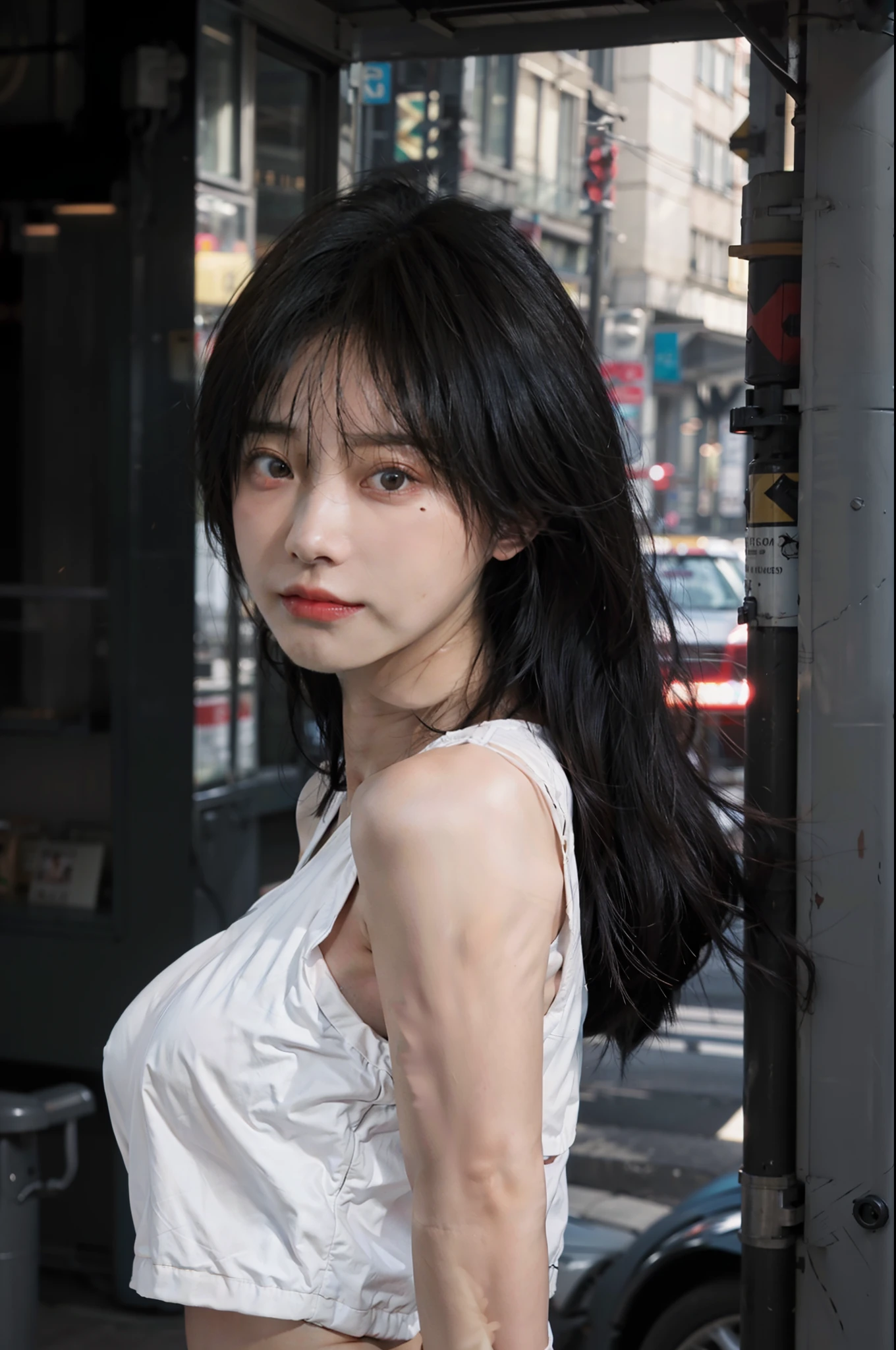 8K,best qulity,The Masterpiece,ultra-highres,(真实感:1.4),OriginalPhotographs,(True skin texture:1.3),1girl with big breasts,Beautiful eye and face details,The Masterpiece,best possible quality,erogenous,(crop tops:1.2),(largebreasts:1.3),(upper-body:1.4),long way hair