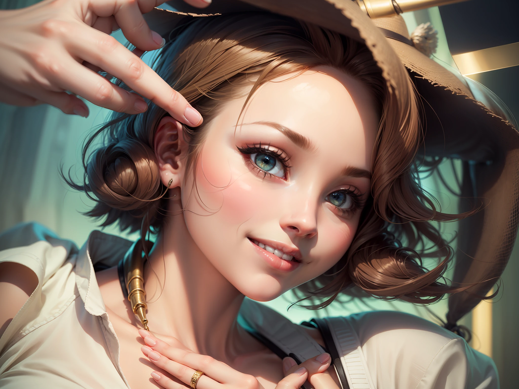 beautiful and cute face, feminine, seminal smile