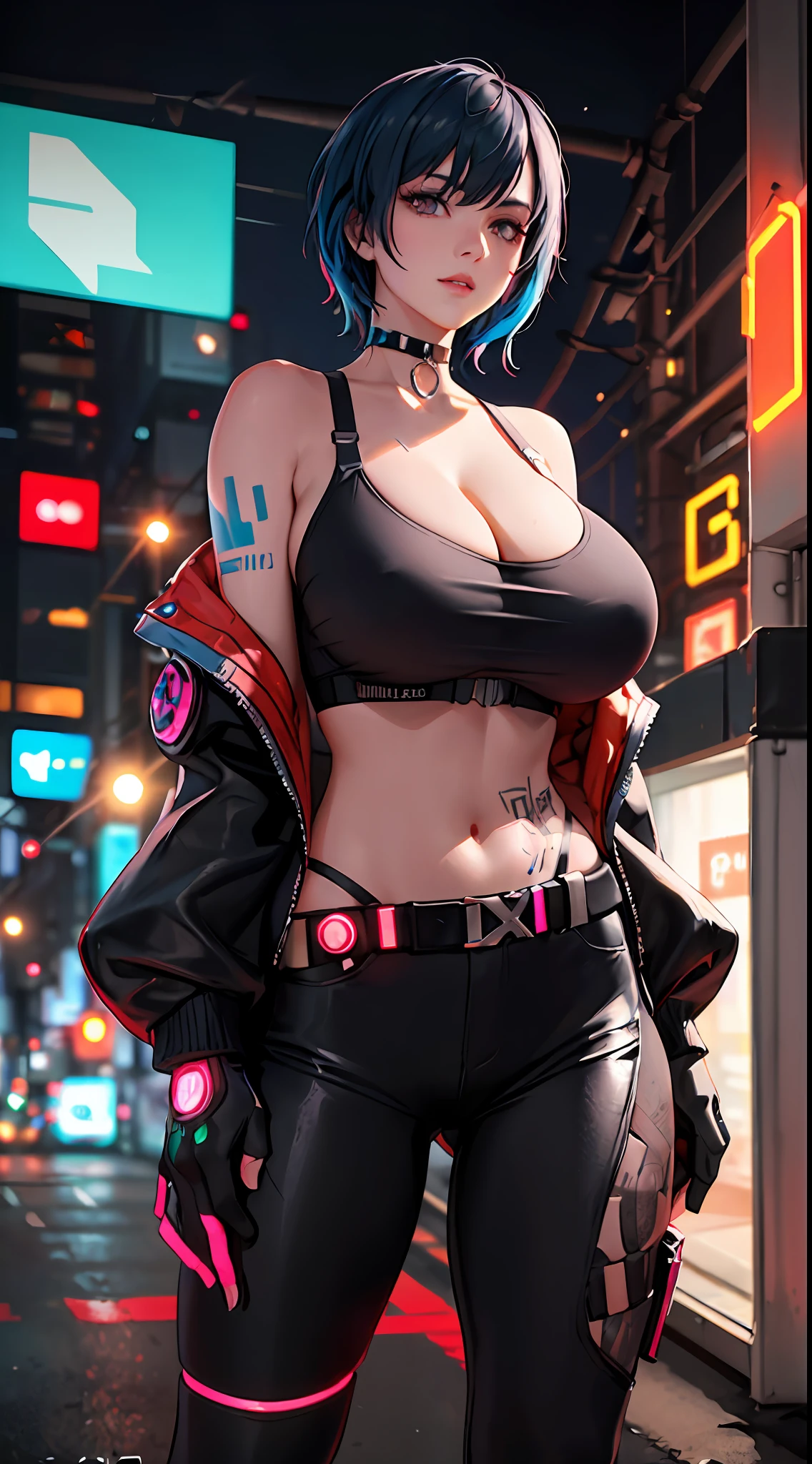 a female wearing a cyberpunk jacket style , cyberpunk theme, futuristic, tempting look, cleavage,(( cyberpunk sleeve jacket)), tattoo on her arms, futuristic t-shirt, choker, gloves, sport bra, leather pants, (((masterpiece))), ((best quality)), ((intricate detailed)), ((Hyperrealistic)), a woman with perfect body figure wearing cyberpunk cloth, pale skin, (huge breast), highly detailed, illustration, perfect hands, detailed fingers, beautiful detailed eyes, blue hair, black hair, multiple color hair, short hair, (cyberpunk:1.2), armor, detailed background, cyberpunk city , night, neon lights, lens flare, tempting look, looking at the viewer, from the front,