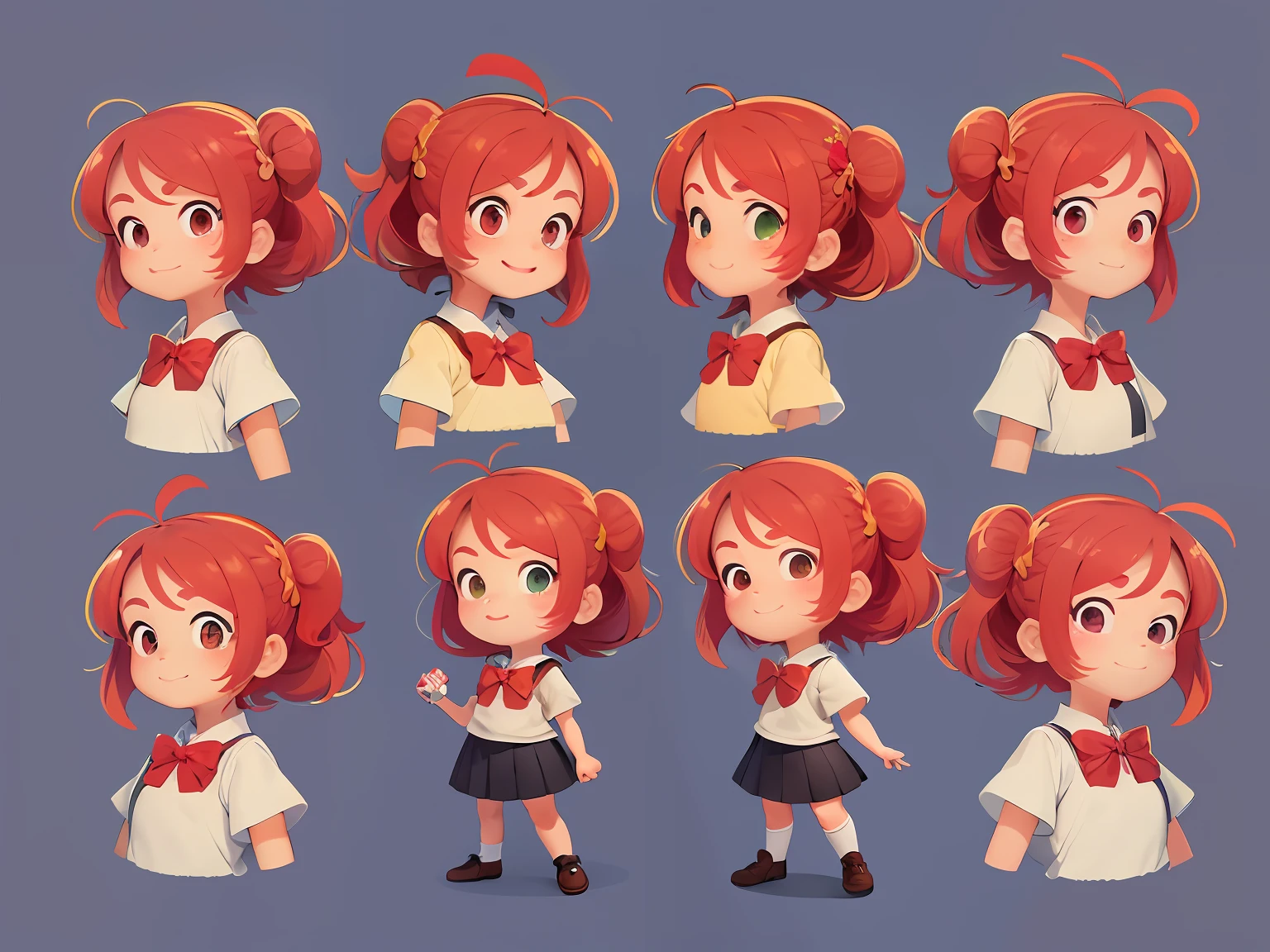 menina 9 anos estilo cartoon bem infantil. kidny. personagem para capa de ebook infantil. Curly and red hair up to the shoulder. Bow on pink head. Olhos castanhos e grandes. pele branca. mesmo personagem. wearing dark blue skirt and white blouse as high school uniform. Meia branca e sapato preto, estilo cartoon. various poses, same character deta reference --auto --s2