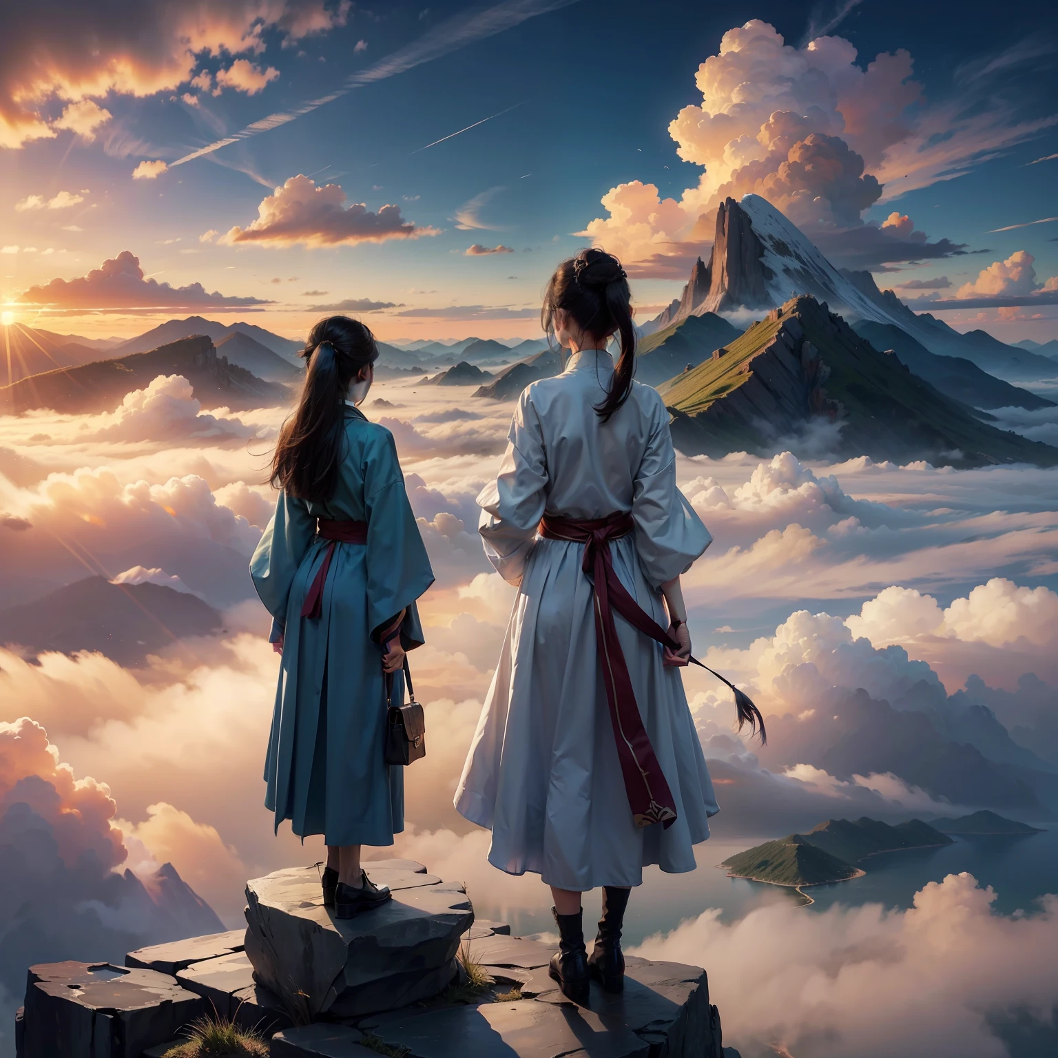 Beautiful scenery, Sunset, Beautiful sunset,Sea of Clouds,A sea of clouds at your feet,On a towering stone mountain, the four words "Heaven Open God Show" are written,A mountain range of mountains, 1girls, back facing,(siluettes),Long-range view,Light blue dress, Hanfu, Black hair, Single ponytail, pony-tail, sitting at the edge of a cliff, siluettes, Facing the front,upper-body,Mountains, horizon, back lit, Optimal viewing distance, Super detailed, Masterpiece, high - quality