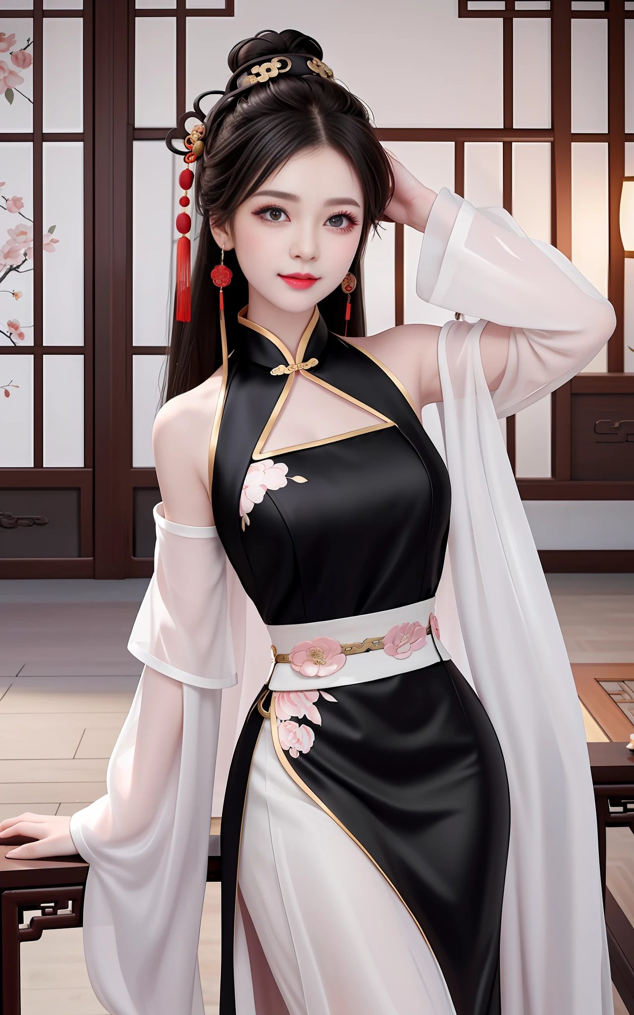 need,The Masterpiece,high - resolution,1girls,Blushlush,(Seductive smile:0.8),starpupil,Chinese shoulder suction red Hanfu,hair ornament,gargantilha,trinkets,beauty face,On_Body,Tindal effect,Lifelike,Shadow room,Light edges,Two-tone lighting，（High Detail Skins：1.2），8K  UHD，Slr，softlighting，high - quality，Volumetriclighting，Candid camera，photograph of a，high - resolution，4K，8K，Antique bust photo in the background: A girl about 22 years old，Perfect composition，Precise and perfect human anatomy，Golden ratio creation，Surreal and realistic。Detailed skin details，faired skin，with shiny skin，Creamy glowing skin，Skin that is white and red。Exquisite depiction of facial features，Perfect makeup，Detailed depiction of the face，Clean and flawless face。A sweet smile，Smile without showing your teeth。Extremely detailed depiction of hair，Long black hair，Hair coiled，Tying Up Hair，High bun，The wind blew away the hair。Eyebrows upturned，long eyelash，Double eyelid。Affectionate eyes，large bright eyes，Sweet with lying silkworms。High nose bridge。Thin lips，Pink lip gloss，Straight teeth。Exquisite clavicle。Delicate pendant，ear ring。Perfect tall figure，Get it all together，Long legs and thin waist，Skinny beauty，Can't be too thin。Straight chest，medium boobs。Keep your head up and your chest up，Look ahead，Face the lens，Stand。Ancient architectural background(((Chinese style new Chinese ink floral black dress)))，half body photo