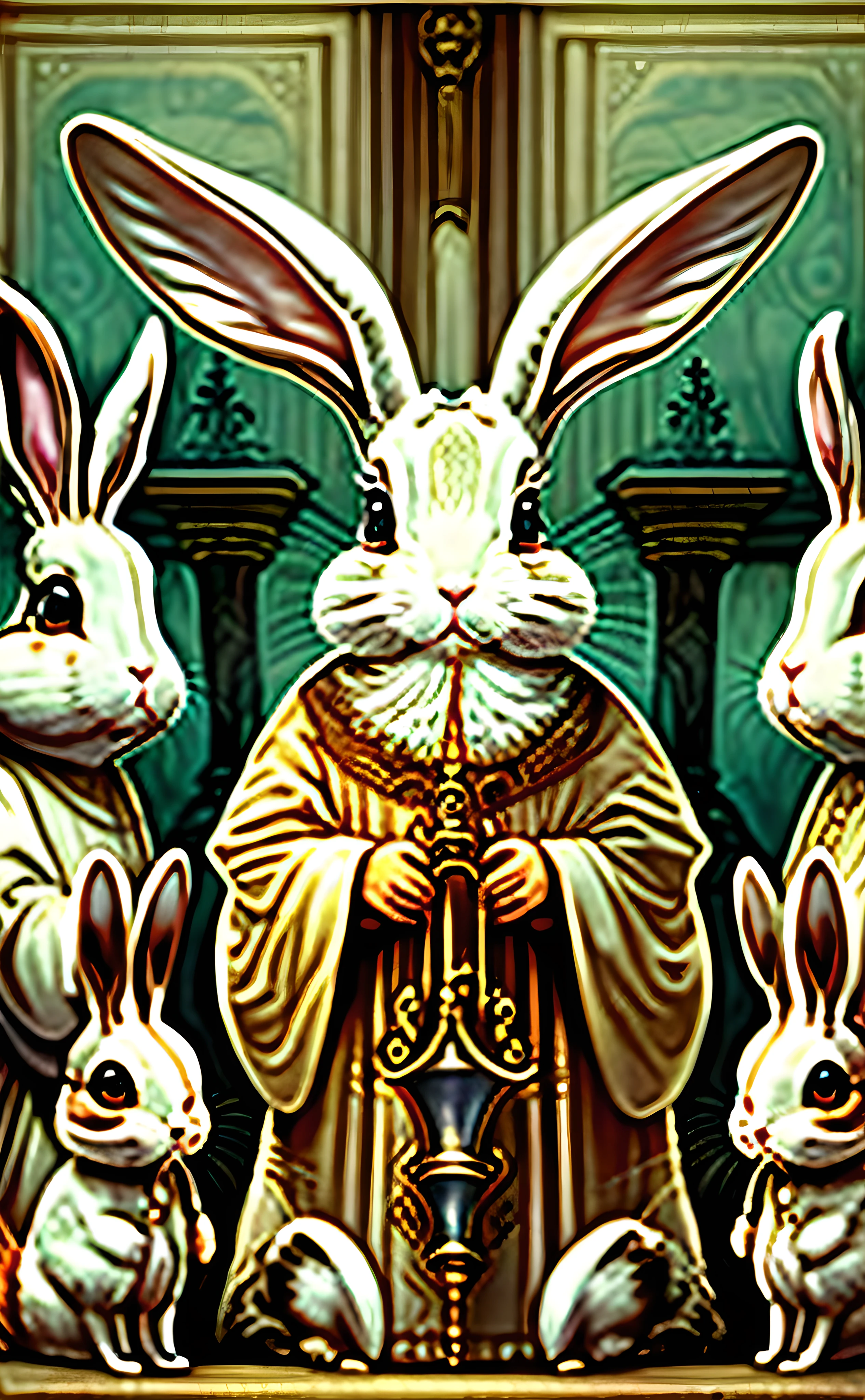 judgement
"One pope's rabbit with a trumpet is judging the others, and the atmosphere is full of ghosts and anticipation."