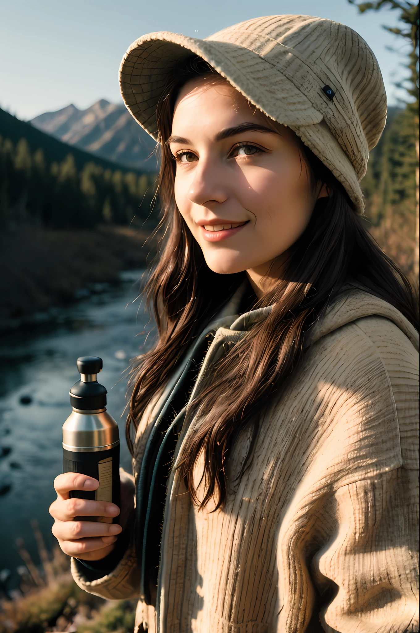 1 woman((upper body selfie, happy)), masterpiece, best quality, ultra-detailed,  solo, outdoors, (night), mountains, nature, (stars, moon)   cheerful, happy, backpack, sleeping bag, camping stove, water bottle, mountain boots, gloves, sweater, hat, flashlight, forest, rocks, river, wood, smoke, shadows, contrast, clear sky,
analog style (look at viewer:1.2)  (skin texture)
(film grain:1.3), (warm hue, warm tone)