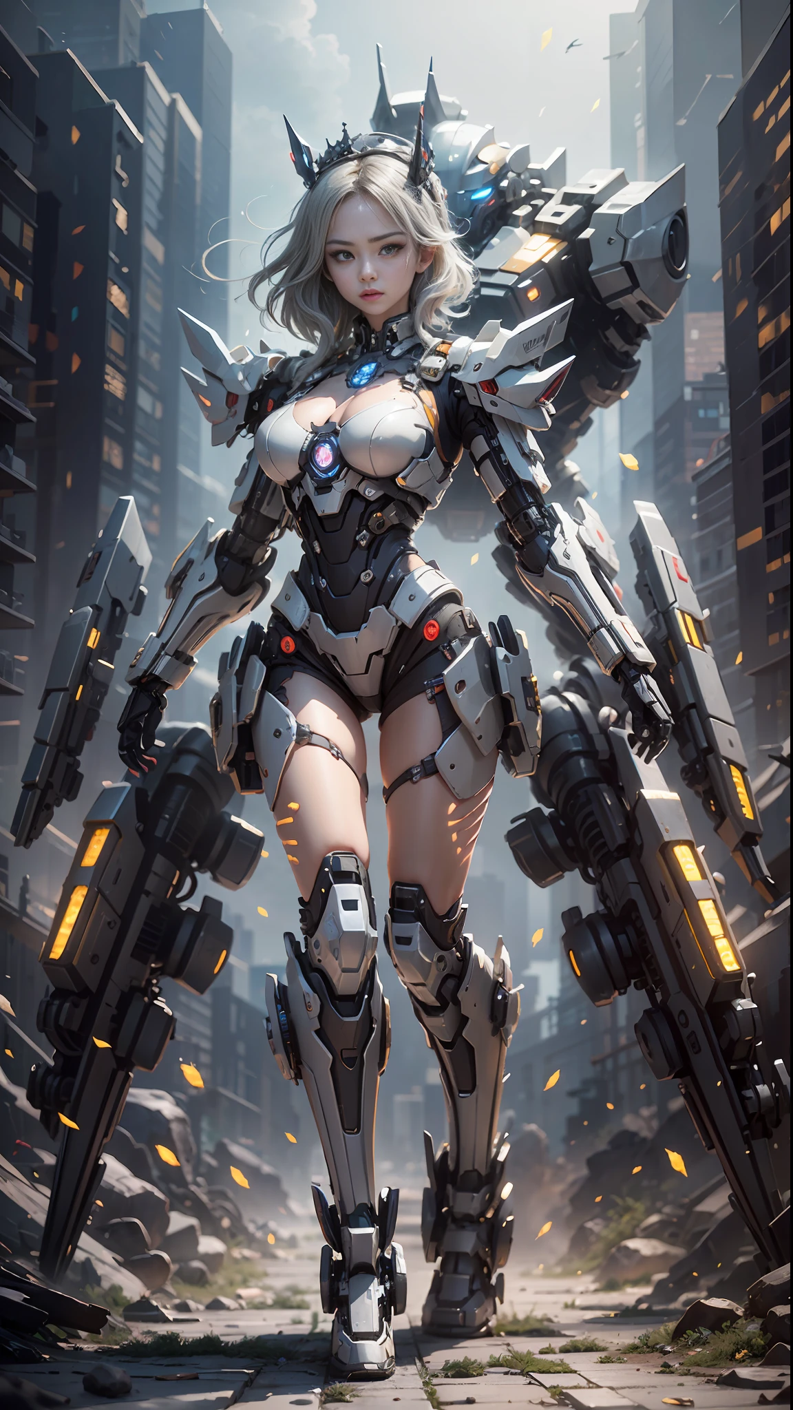 (Best Quality)), ((Masterpiece)), (Very Detailed: 1.3), 3D, master chef-mecha, Beautiful cyberpunk woman wearing crown, with master chef style armor, sci-fi technology, HDR (High Dynamic Range), ray tracing, nvidia RTX, super resolution, unreal 5, subsurface scattering, PBR texture, post-processing, anisotropic filtering, depth of field, maximum sharpness and sharpness, multi-layer texture, Specular and albedo mapping, surface shading, accurate simulation of light-material interactions, perfect proportions, octane rendering, duotone lighting, low ISO, red balance, rule of thirds, wide aperture, 8K RAW, high efficiency subpixels, subpixel convolution, light particles, light scattering, Tyndall effect, very sexy, full body, battle pose, silver hair with braids,